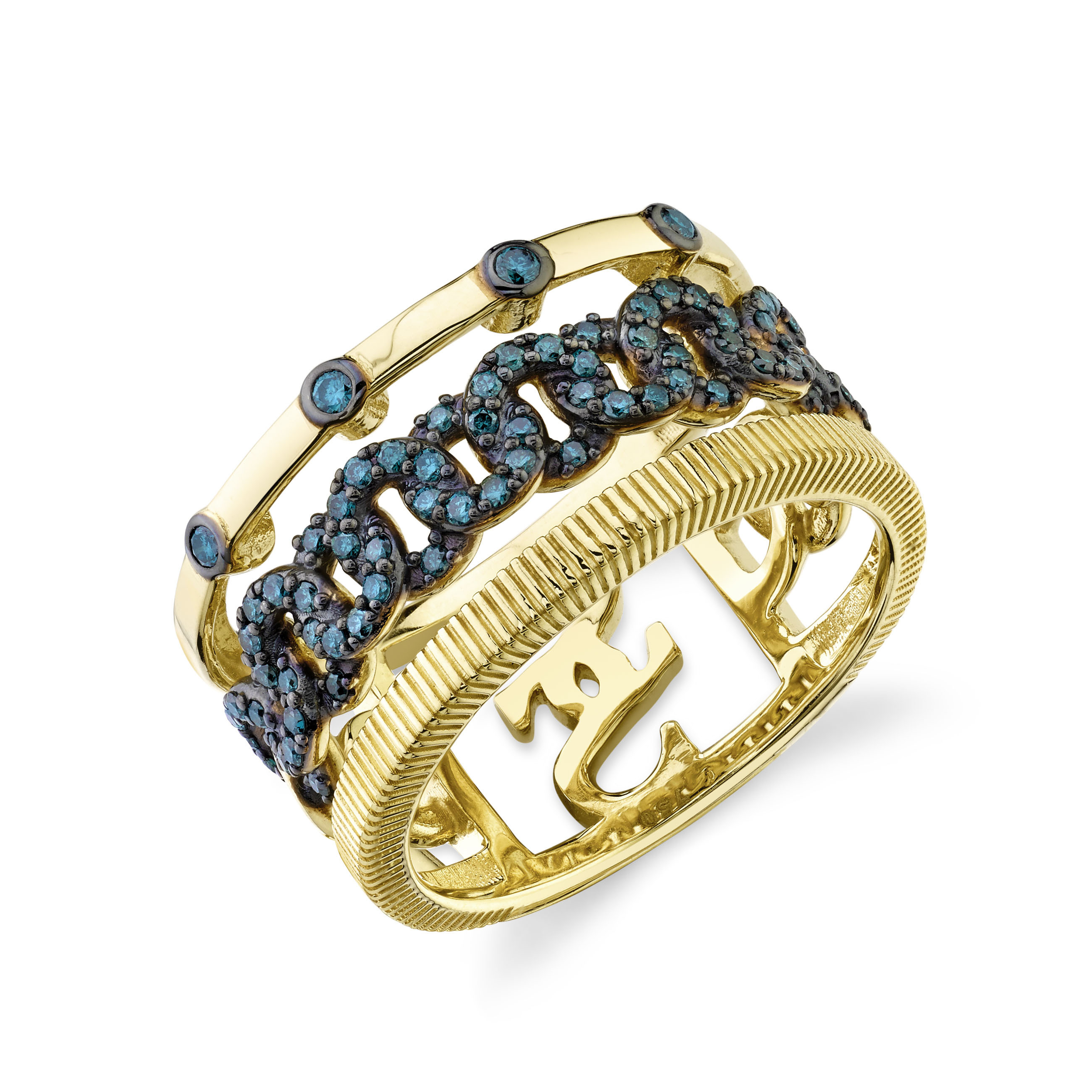 Triple Row Band Ring with IRD Blue Diamond Link Center in 18kt Yellow Gold