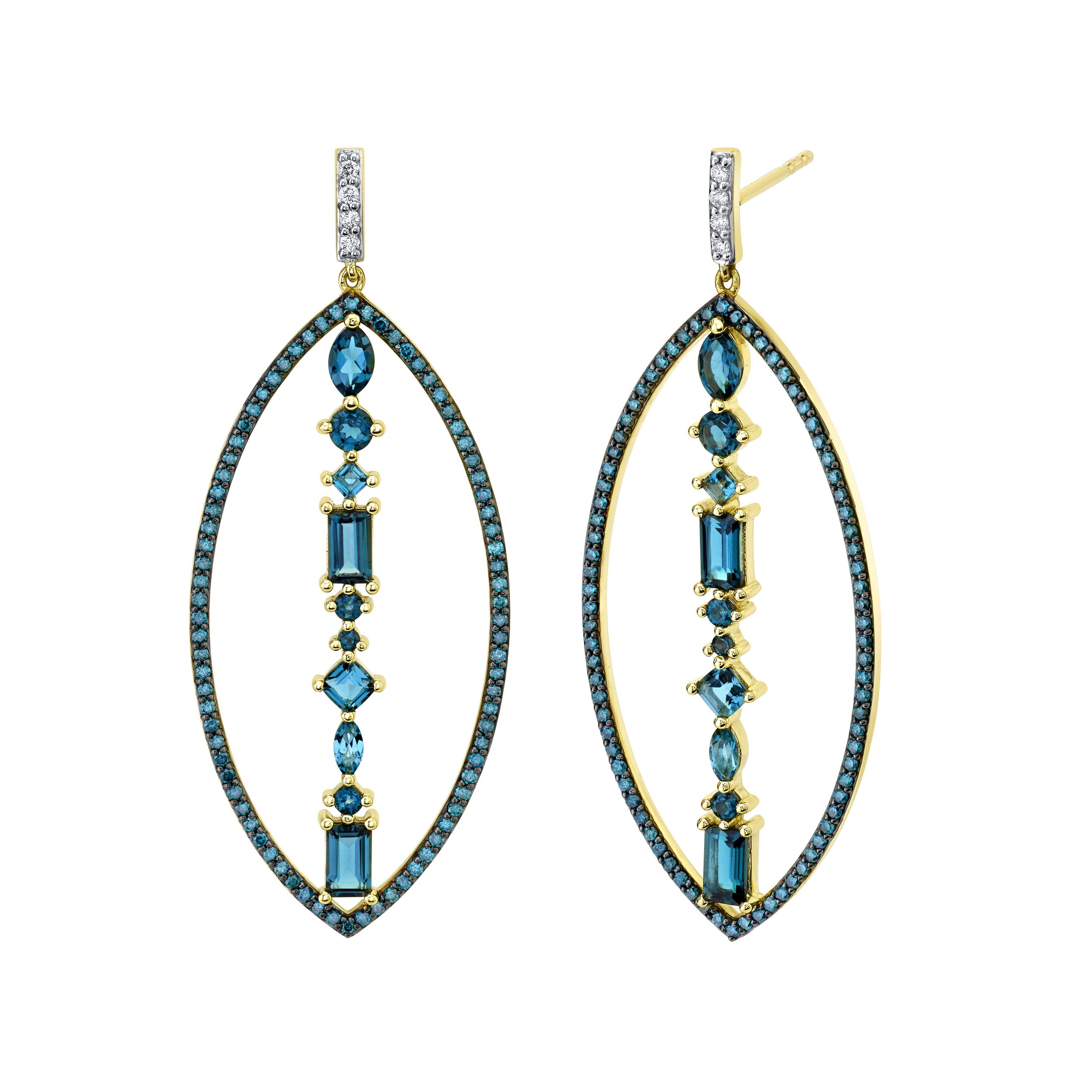 Open Marquise Dangle Earrings with IRD Blue Diamonds and Topaz in 18kt Yellow Gold