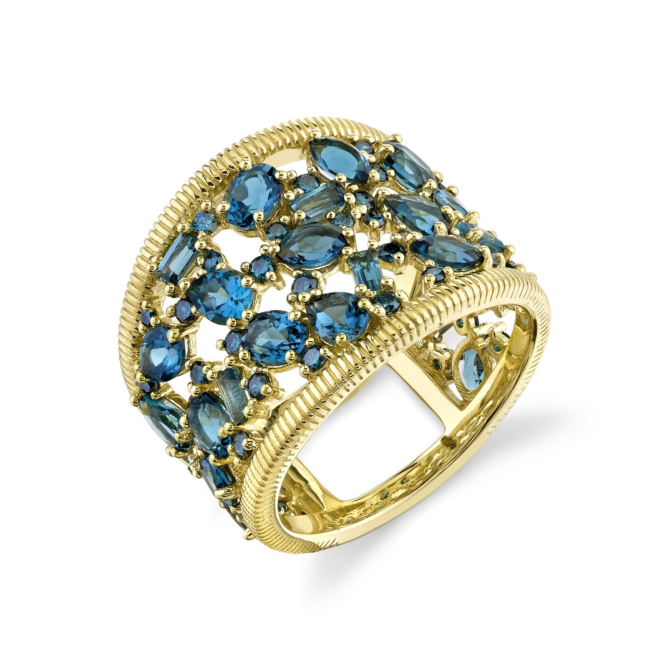 Cluster Ring with IRD Blue Diamonds and Topaz in 18kt Yellow Gold