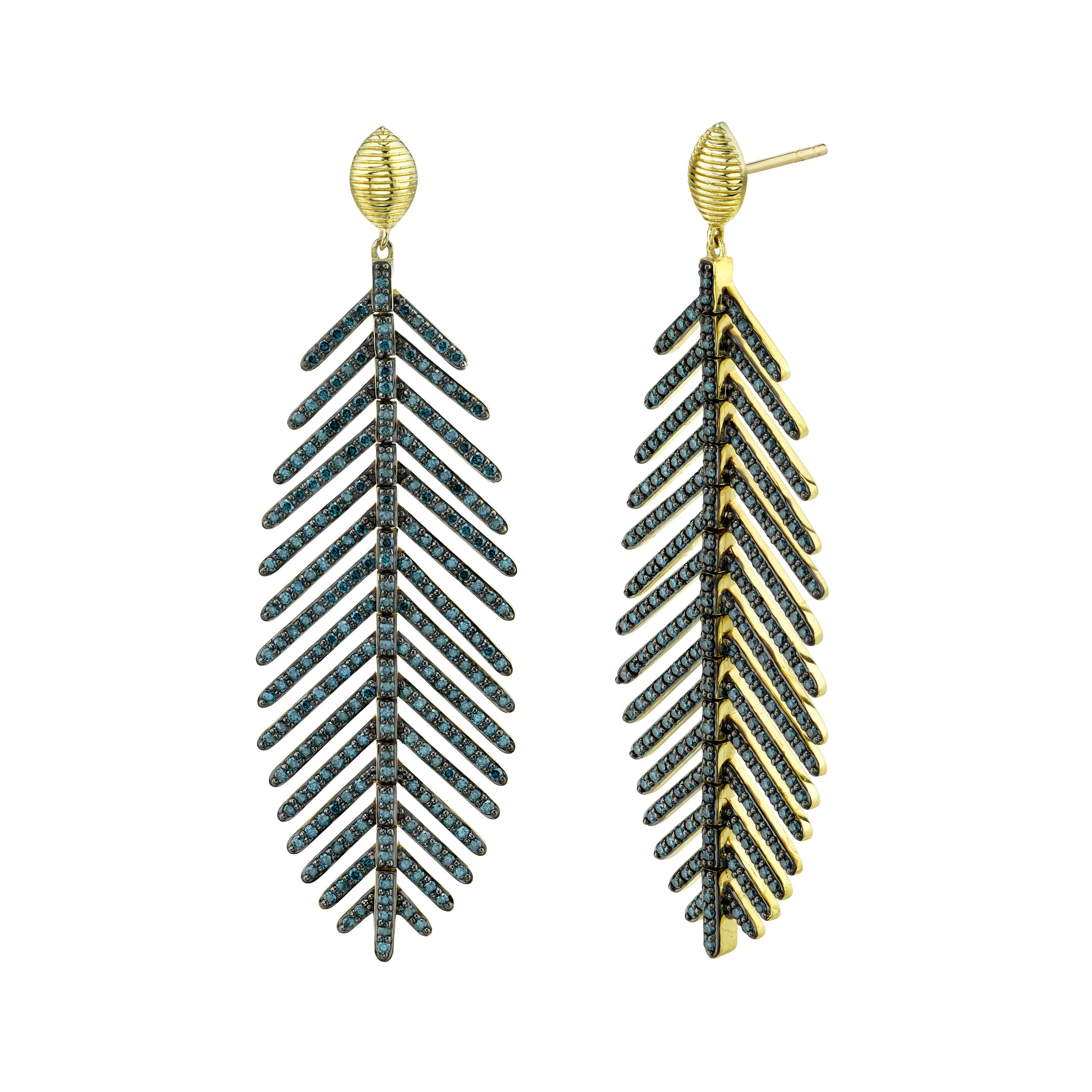 Feather Earrings 50mm with IRD Blue Diamonds in 18kt Yellow Gold by Sloane Street Jewelry. Open feather motif dangle earrings with irradiated blue diamonds and a marquise shape top with strie texture in 18kt yellow gold. The round S-I irradiated blue diamonds are 2.35ctw. Feather Earrings 50mm with IRD Blue Diamonds in 18kt Yellow Gold