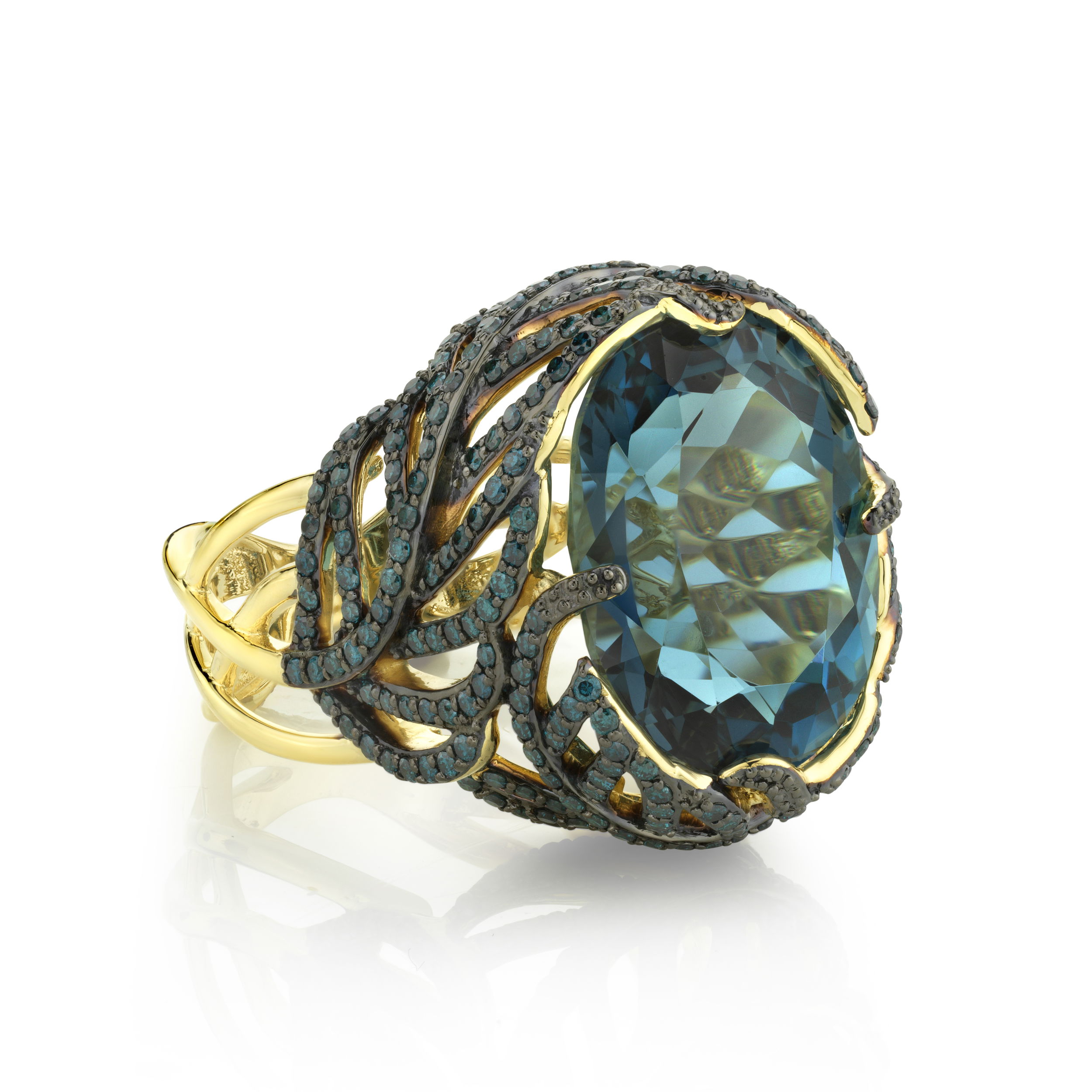 Feather Ring Small with IRD Blue Diamonds and Topaz in 18kt Yellow Gold