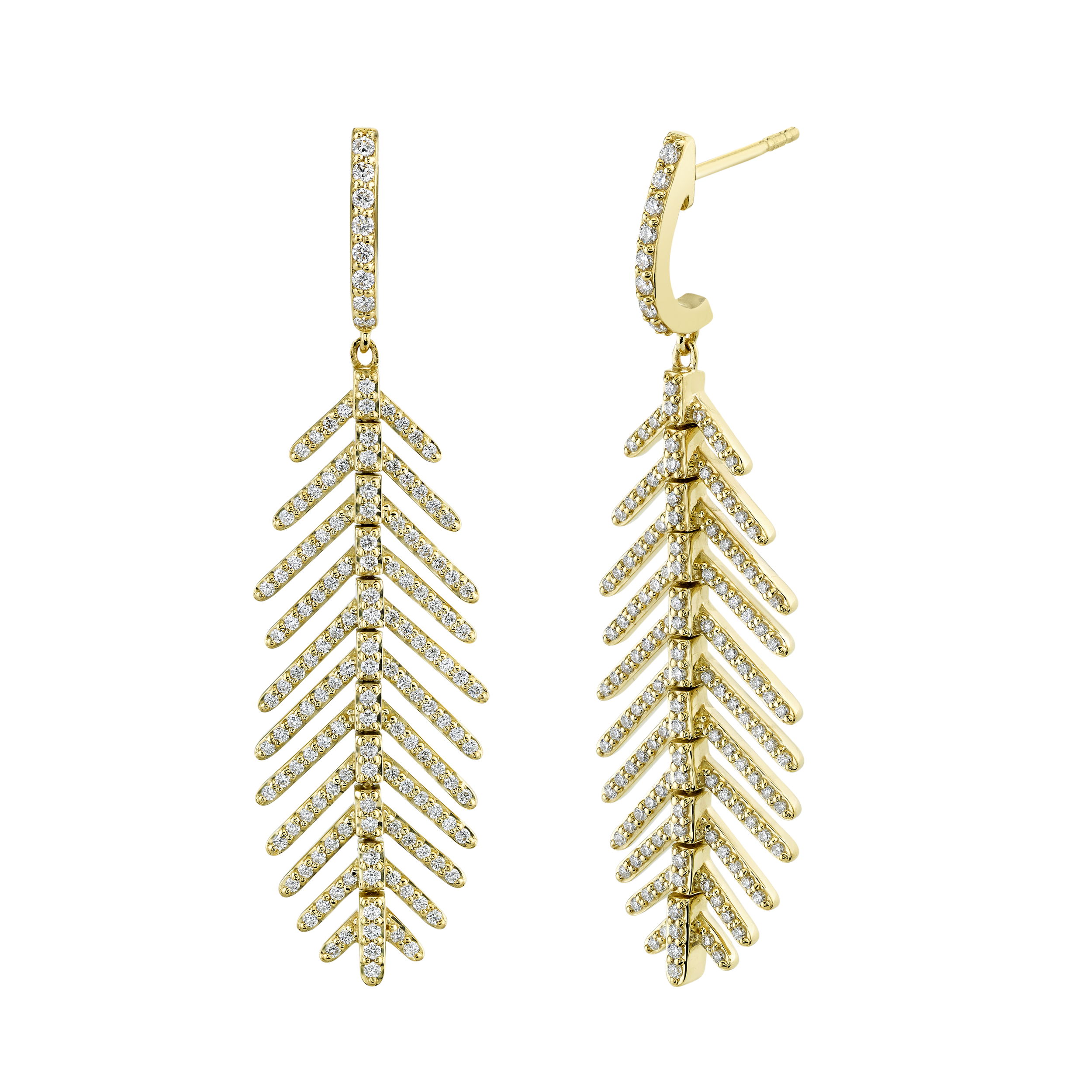 Feather Earrings 35mm with White Diamonds in 18kt Yellow Gold