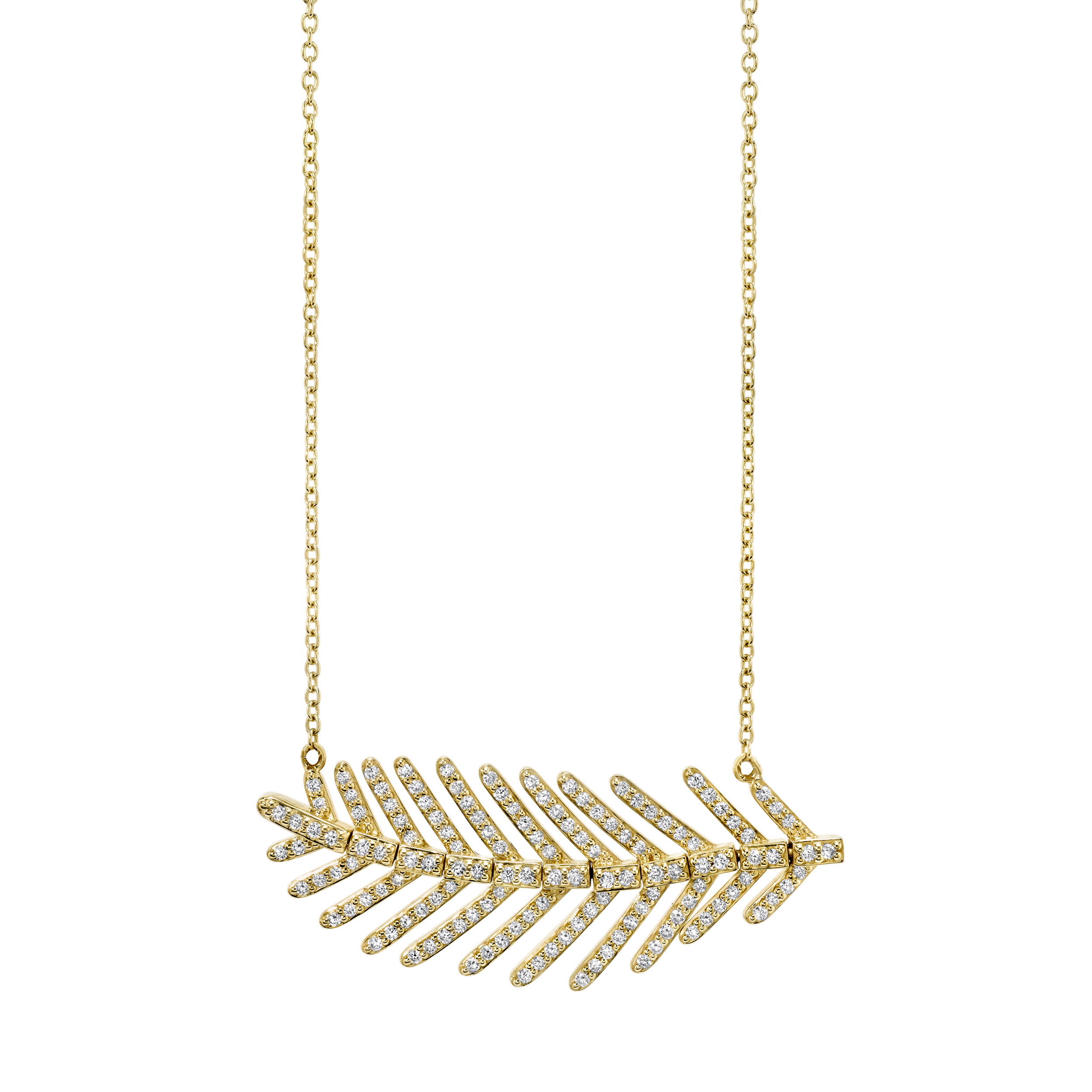 Inline 35mm Feather Necklace with White Diamonds in 18kt Yellow Gold