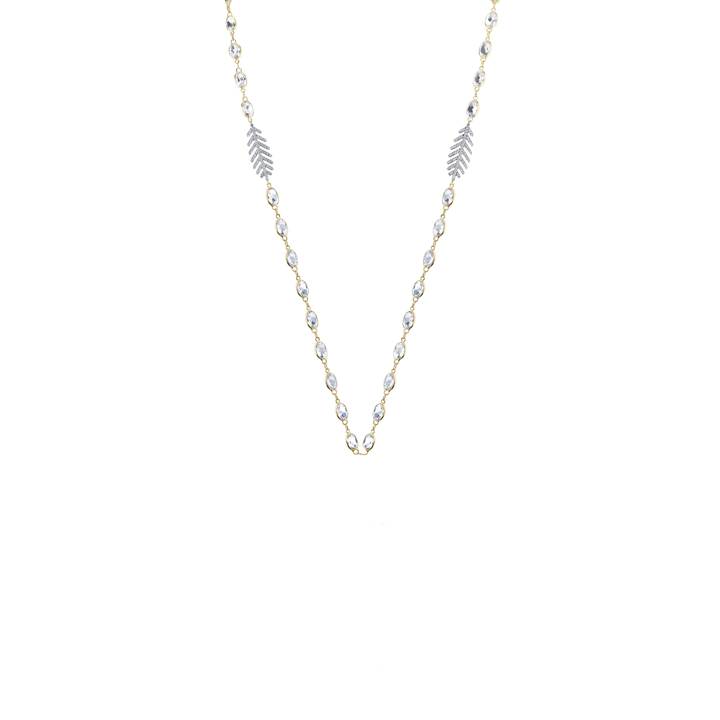 Feather Station Necklace with White Topaz and White Diamonds in 18kt Yellow Gold