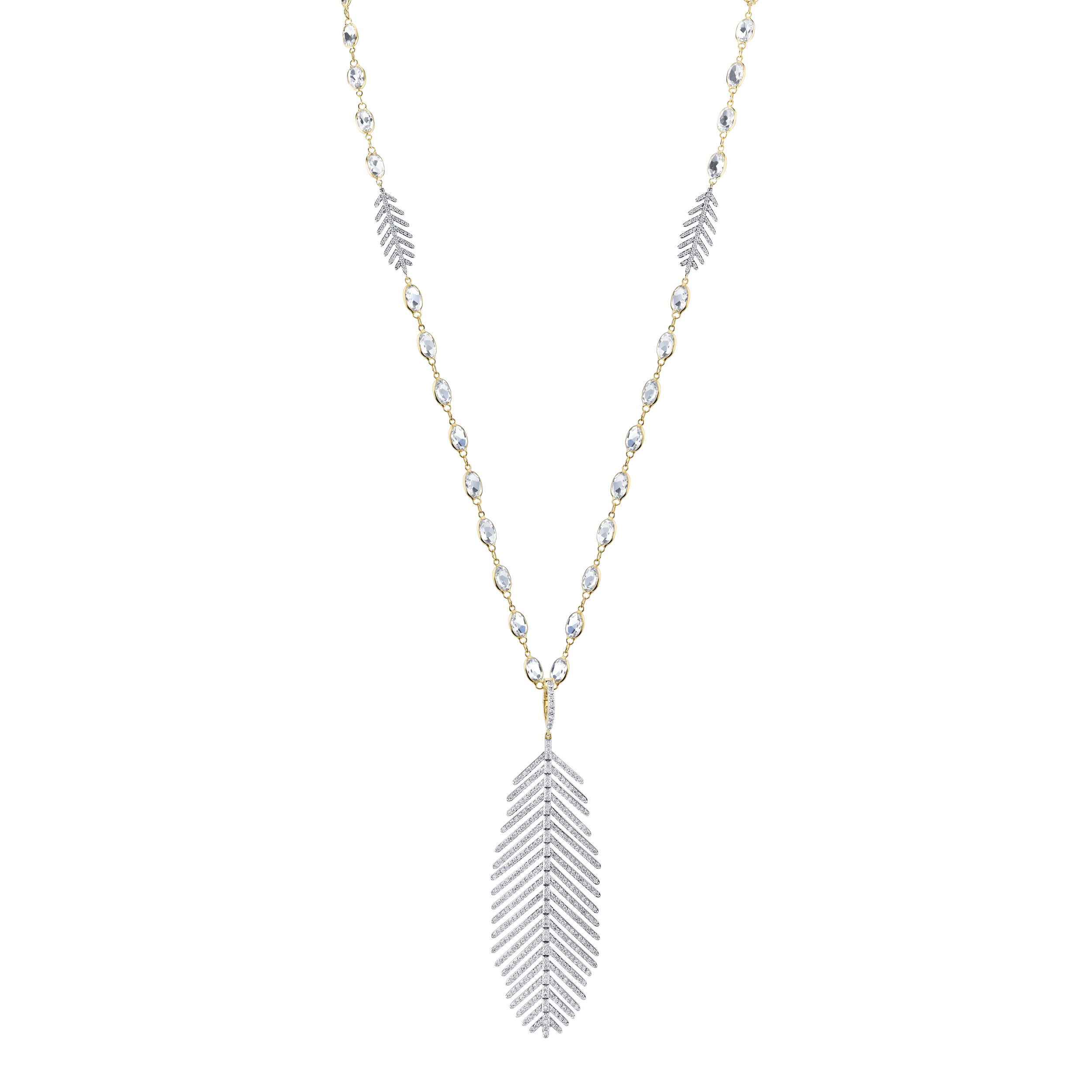 Large Feather Pendant 65mm with White Diamonds in 18kt Yellow Gold