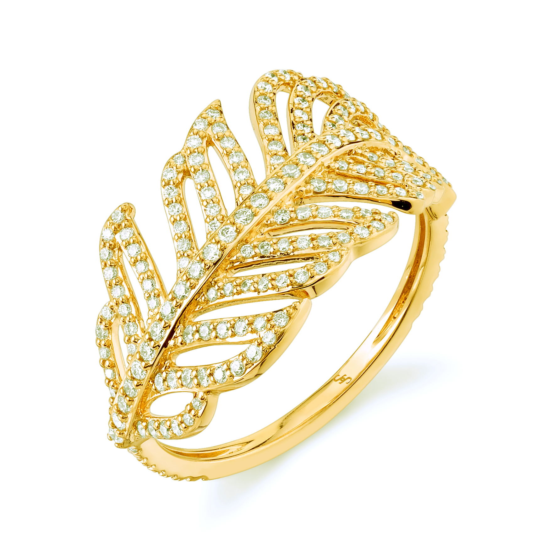 Feather Ring with White Diamonds in 18kt Yellow Gold