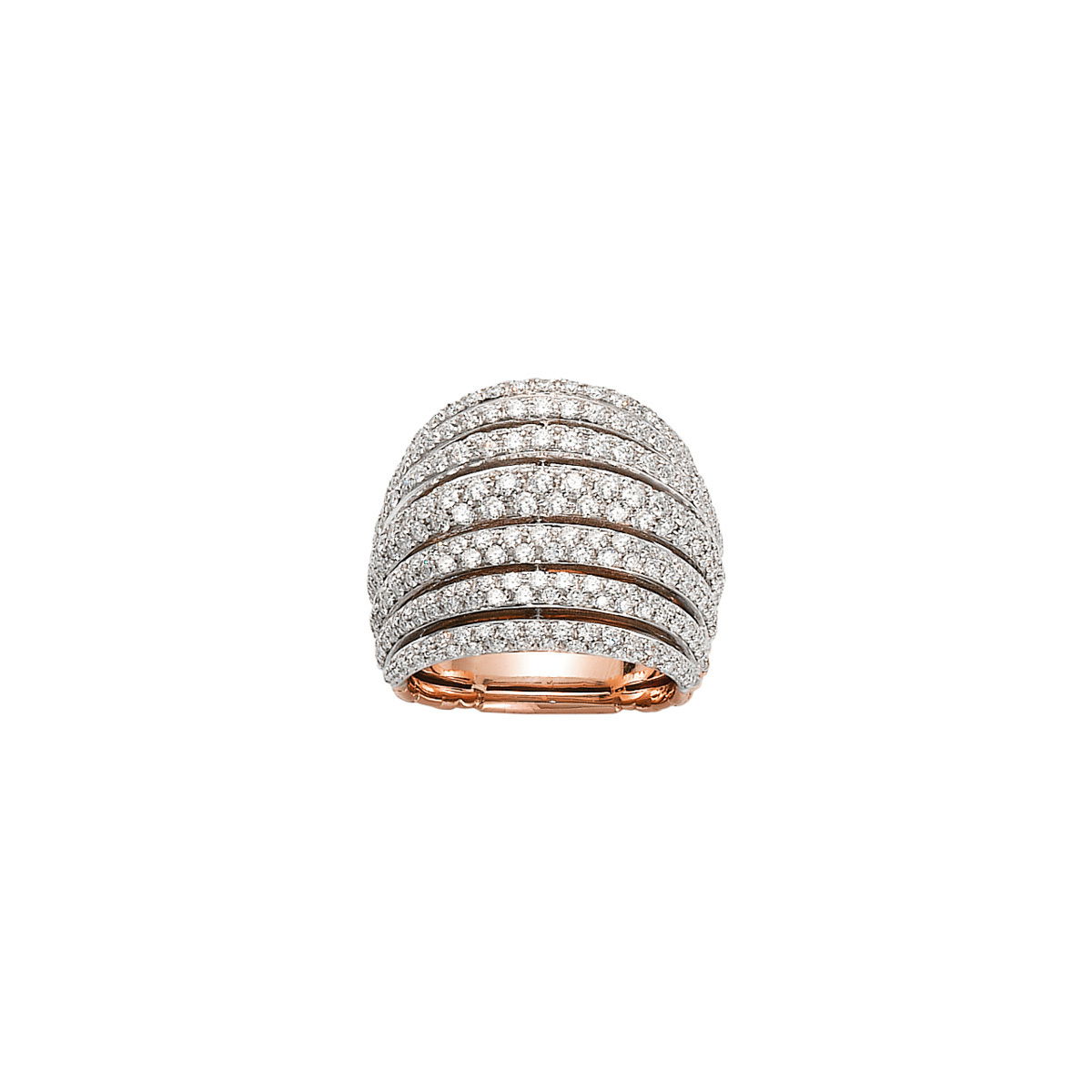 Mialuce bombe ring in 18kt Rose Gold with white gold bars over - 2.22ctw in pave white diamonds on the bars - Size 7.625 US (16.5 ITA) AN665 PAVE-RW-165 Mialuce Bombe Ring in 18kt Rose Gold with White Gold and Diamond Bars - Size 7.625 US (16.5 ITA)