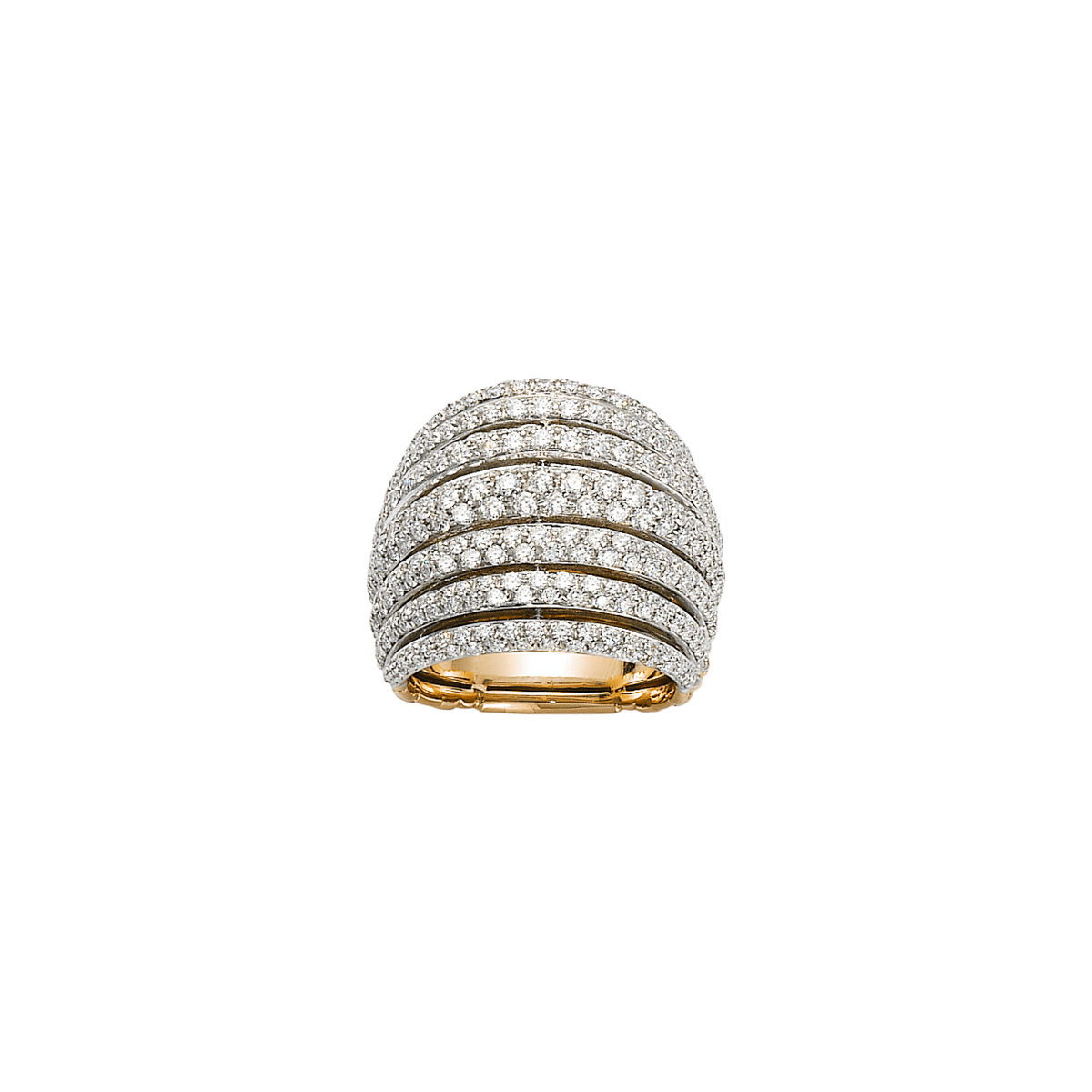 Mialuce bombe ring in 18kt Yellow Gold with white gold bars over - 2.22ctw in pave white diamonds on the bars - Size 7.5 US (16 ITA) AN665 PAVE-YW-160 Mialuce Bombe Ring in 18kt Yellow Gold with White Gold and Diamond Bars - Size 7.5 US (16 ITA)