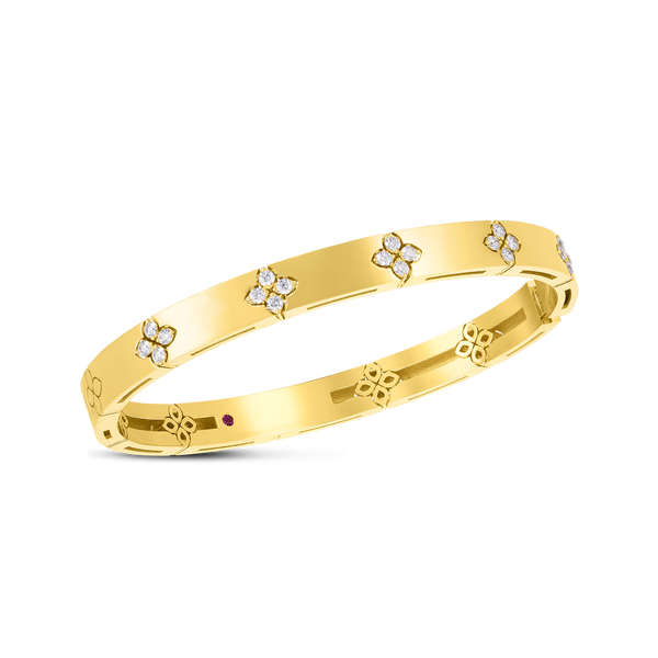 Closeup photo of Love in Verona Medium Width Diamond Accent Bangle Bracelet in 18kt Yellow Gold