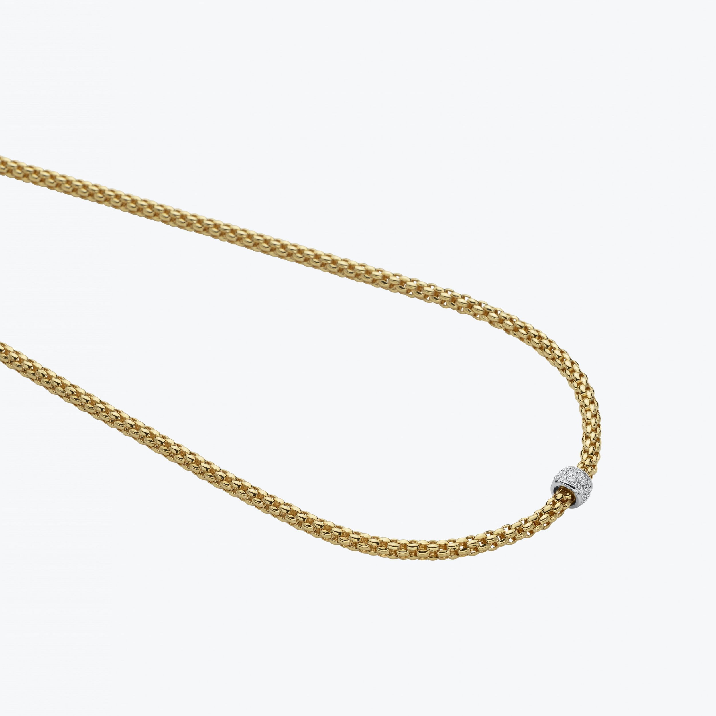 Solo rope necklace in 18kt yellow gold with a single white gold element with 0.29ctw pave white diamonds - The necklace measures 4.2mm in diameter and 45cm (17.7 inches) long. 634C PAVE-YW-45CM Solo Rope Necklace in 18kt Yellow Gold with White Gold and White Diamond Element - 4.2mm - 45cm