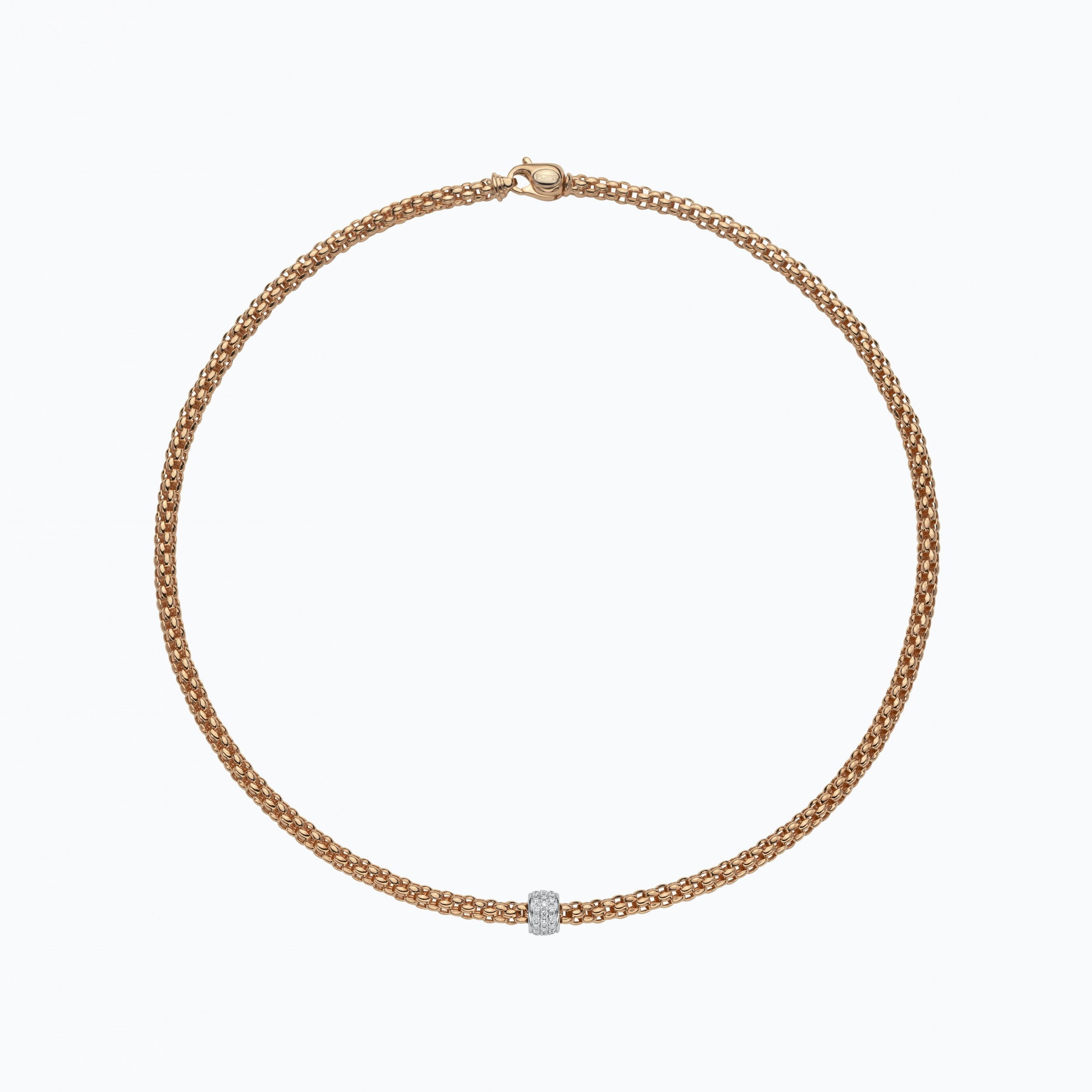 Solo rope necklace in 18kt rose gold with a single white gold element with 0.29ctw pave white diamonds - The necklace measures 4.2mm in diameter and 45cm (17.7 inches) long. 634C PAVE-RW-45CM Solo Rope Necklace in 18kt Rose Gold with White Gold and White Diamond Element - 4.2mm - 45cm