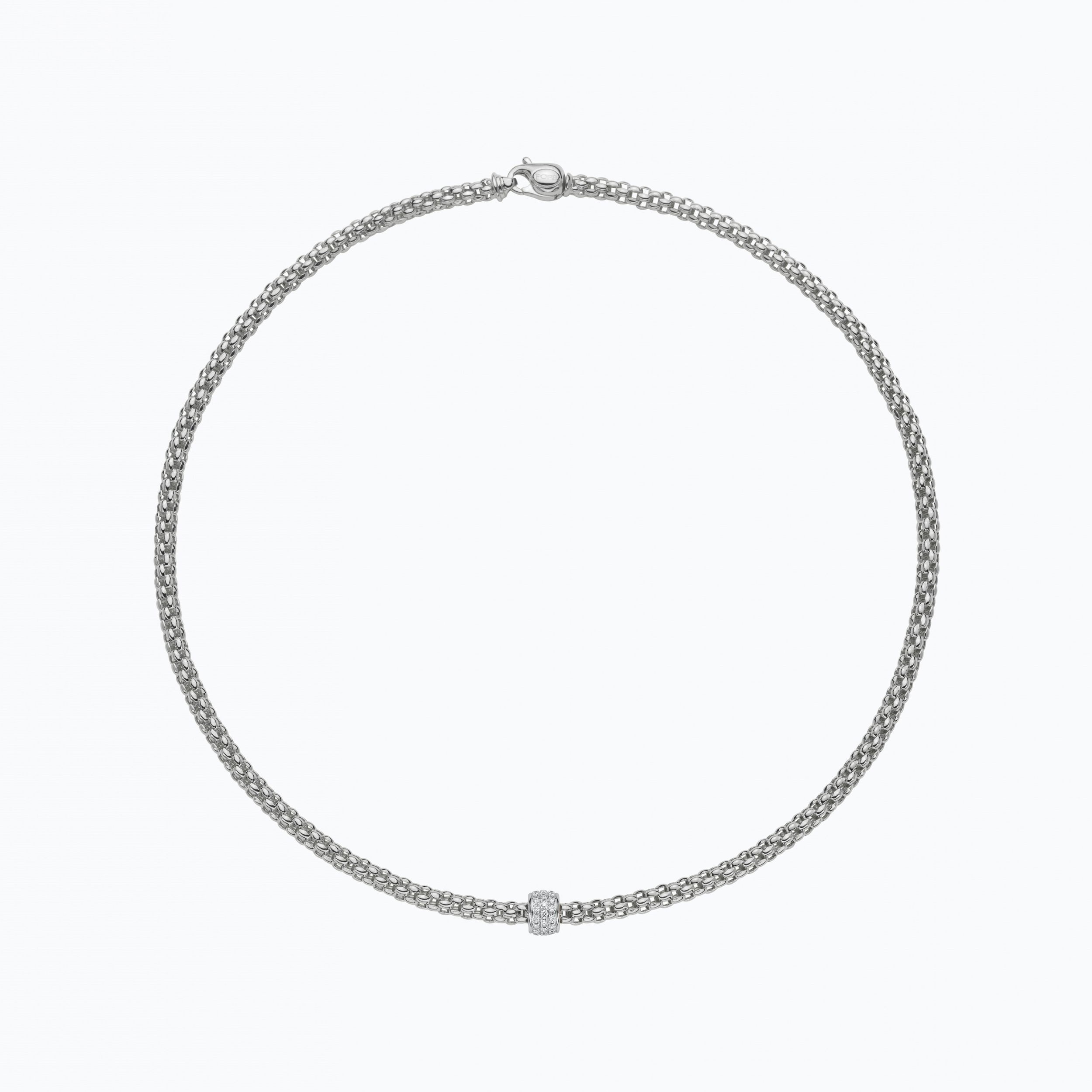 Solo rope necklace in 18kt white gold with a single white gold element with 0.29ctw pave white diamonds - The necklace measures 4.2mm in diameter and 50cm (19.6 inches) long. 634C PAVE-W-50CM Solo Rope Necklace in 18kt White Gold with White Gold and White Diamond Element - 4.2mm - 50cm