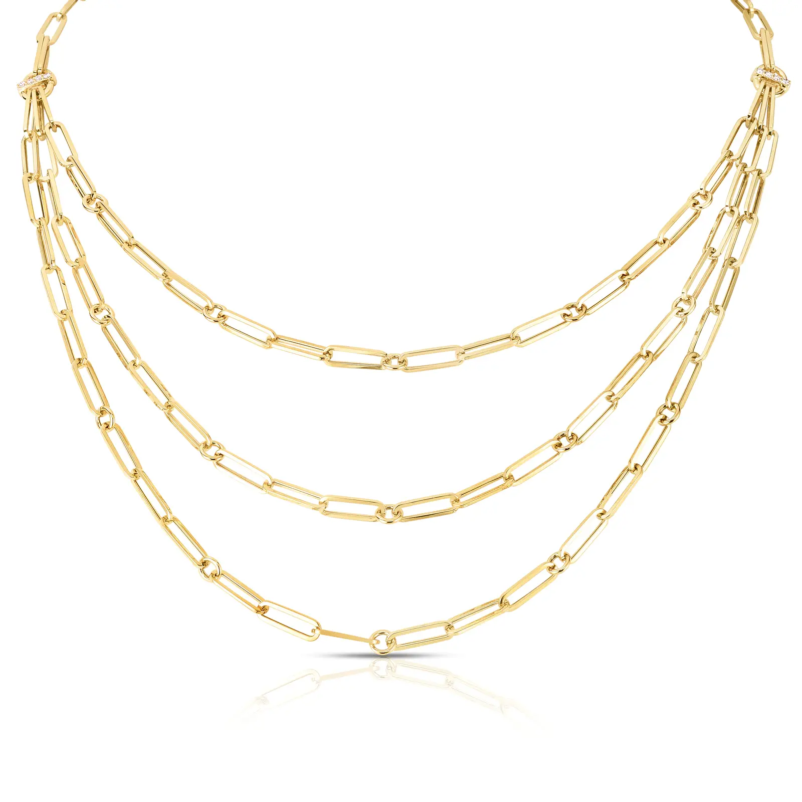 Designer Gold Triple Strand Paperclip Chain and Diamond Necklace in 18kt Yellow Gold