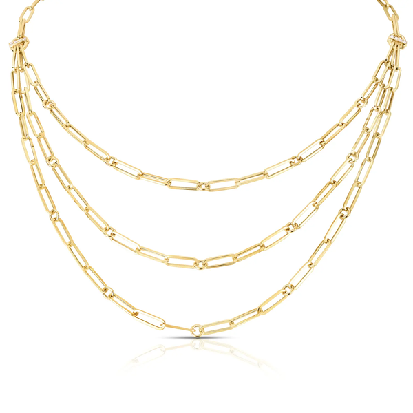 Closeup photo of Designer Gold Triple Strand Paperclip Chain and Diamond Necklace in 18kt Yellow Gold