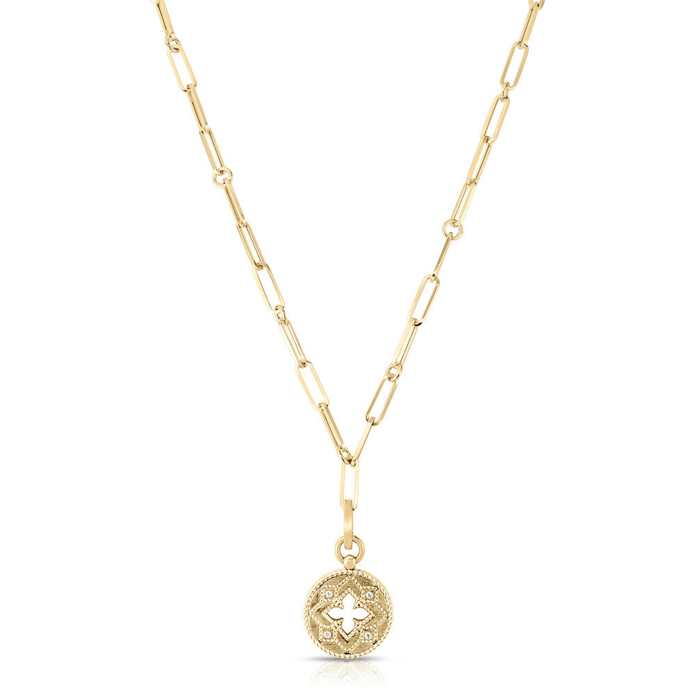 Venetian Princess Small Cutout Medallion with Diamonds on Paperclip Chain in 18kt Yellow Gold