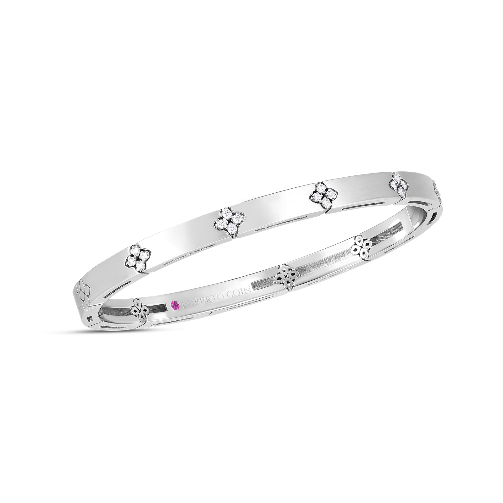 Love in Verona narrow width diamond accent bangle bracelet by Roberto Coin in 18kt white gold. There are approximately 0.15ctw of white diamonds in the bracelet. It is approximately 4mm wide and the wrist measurement is 48mm x 58mm. All of the diamonds are G-H/SI. Love in Verona Narrow Width Diamond Accent Bangle Bracelet in 18kt White Gold