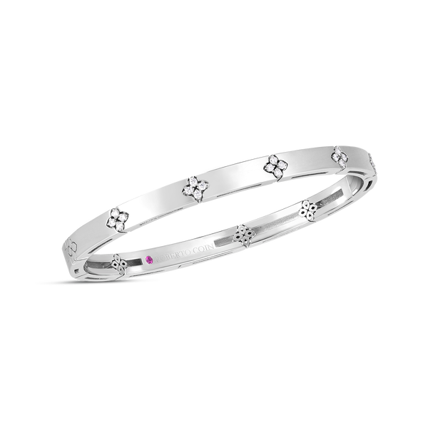 Closeup photo of Love in Verona Narrow Width Diamond Accent Bangle Bracelet in 18kt White Gold