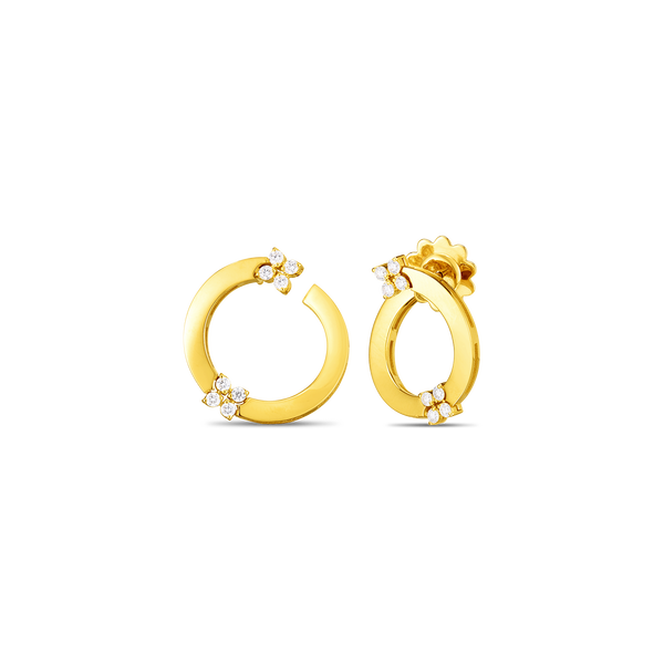 Closeup photo of Love in Verona Double Diamond Circle Earrings in 18kt Yellow Gold