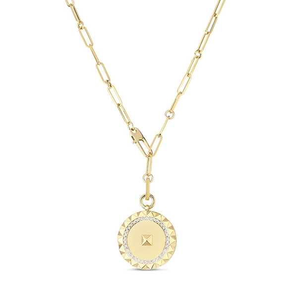 Closeup photo of Obelisco Large Diamond Medallion Necklace in 18kt Yellow Gold