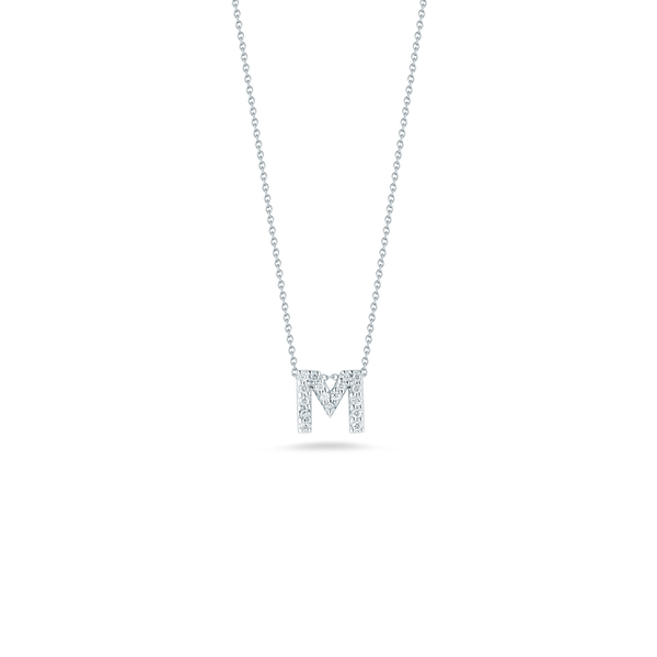 Closeup photo of Tiny Treasures Diamond Love Letter M Necklace in 18kt White Gold