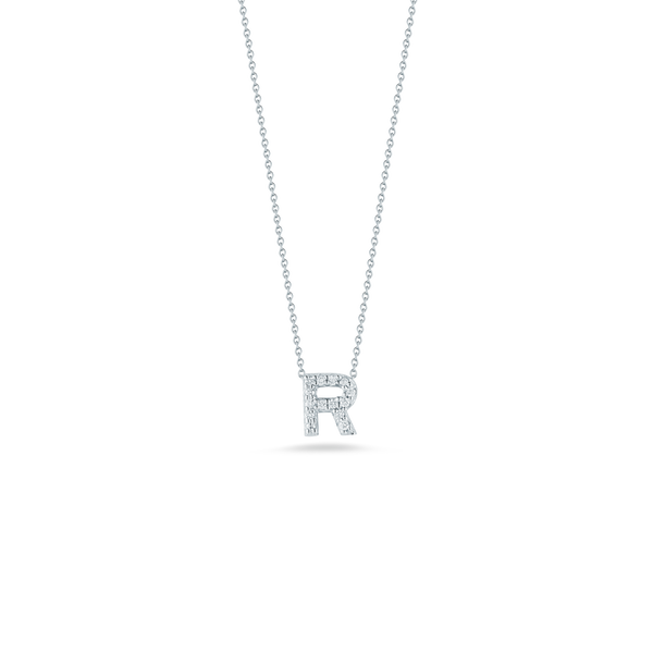 Closeup photo of Tiny Treasures Diamond Love Letter R Necklace in 18kt White Gold