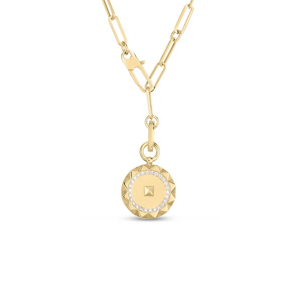 Closeup photo of Obelisco Small Diamond Medallion Necklace in 18kt Yellow Gold