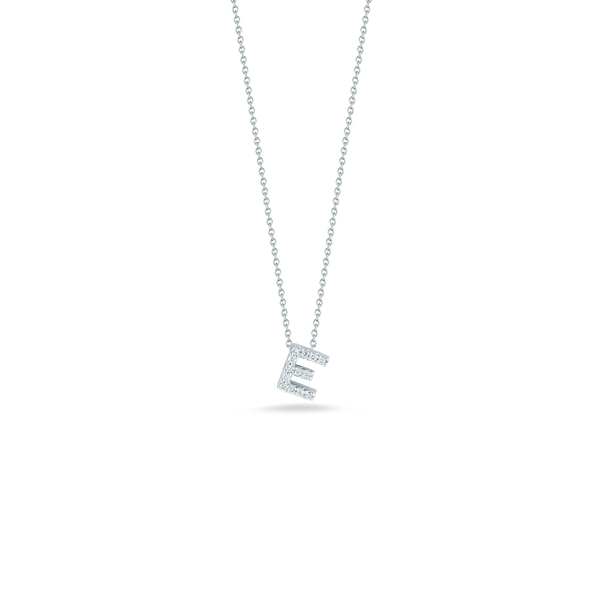 Closeup photo of Tiny Treasures Diamond Love Letter E Necklace in 18kt White Gold