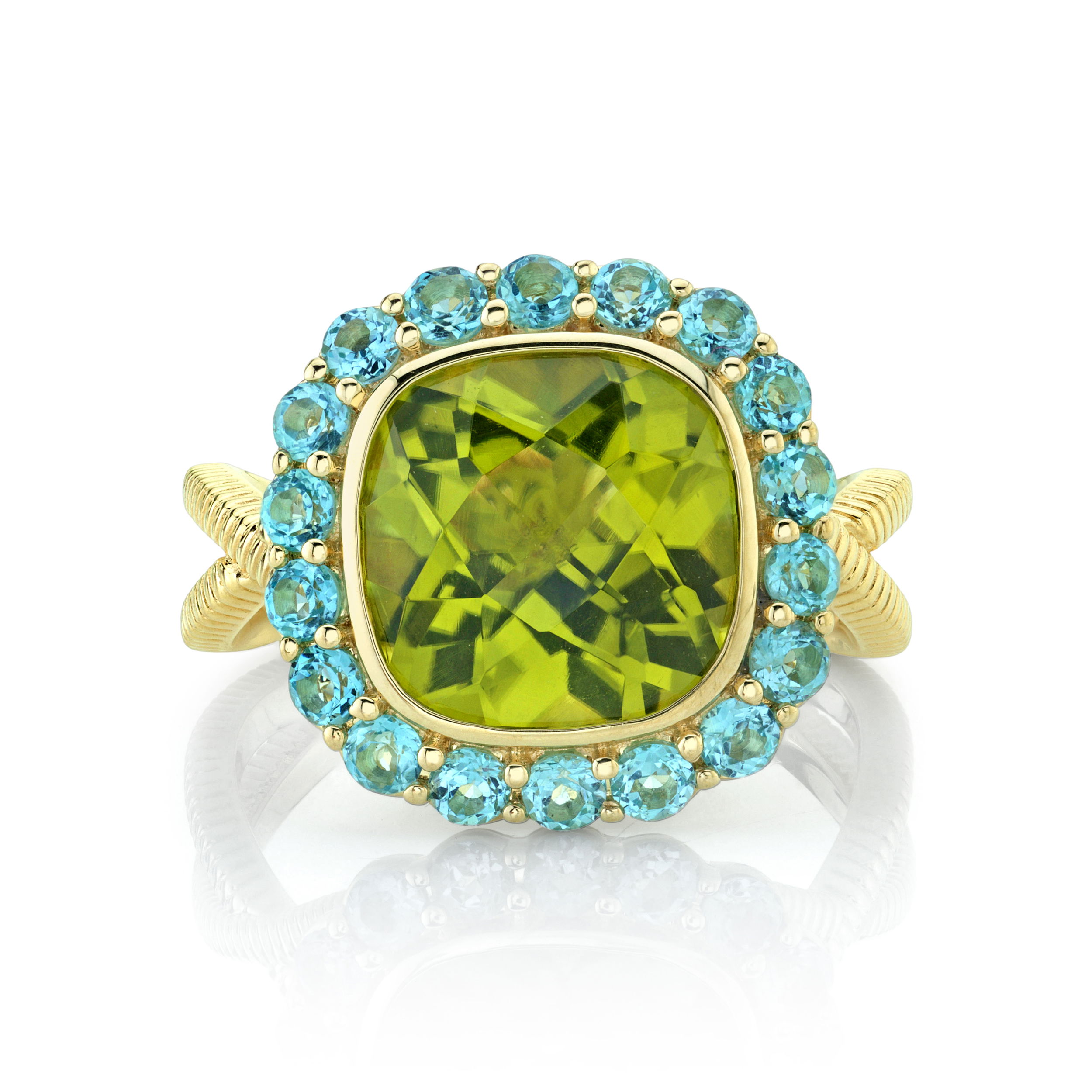 Peridot Center Stone Ring with Swiss Blue Topaz Halo in 18kt Yellow Gold