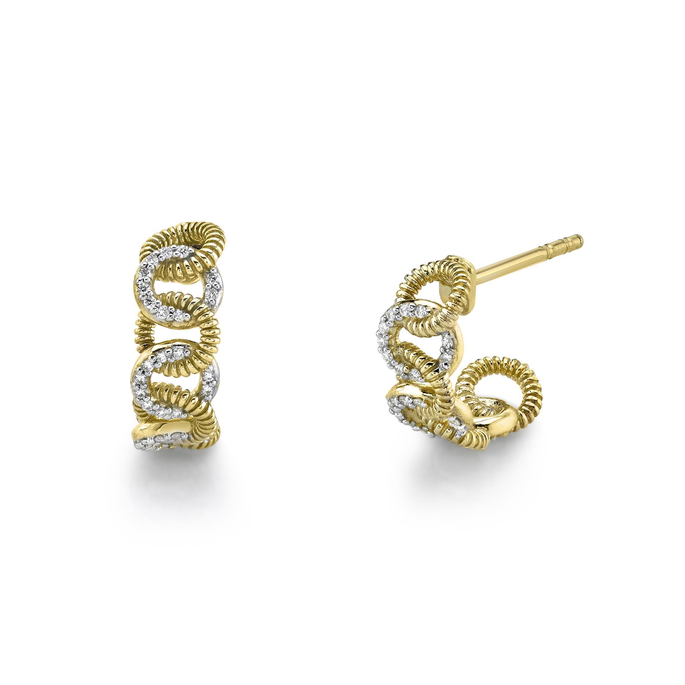 Link Huggie Earrings with White Diamonds in 18kt Yellow Gold by Sloane Street Jewelry. Small links create the frame for the huggie style earrings in 18kt yellow gold. There are sixty round white diamonds, G-SI, at 0.15ctw set into the earrings. Link Huggie Earrings with White Diamonds in 18kt Yellow Gold