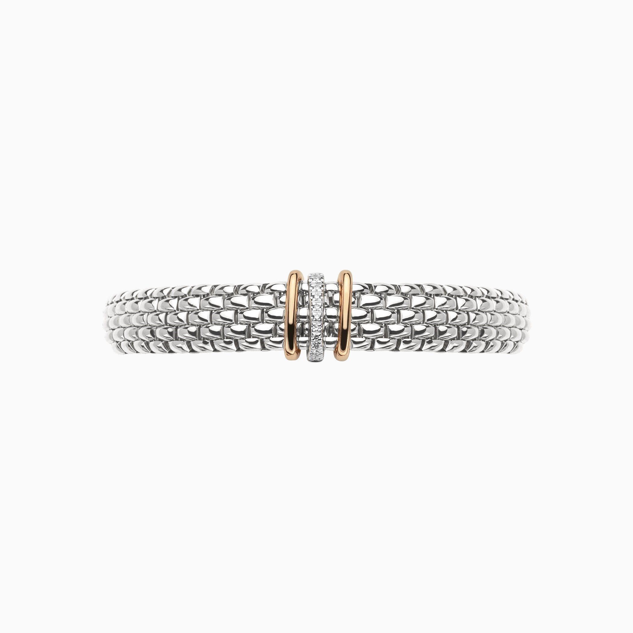 Panorama Flex'It Bracelet in 18kt White Gold with two plain rose gold and one White Gold and White Pave Diamond Elements at 0.08ctw - The bracelet measures 9mm wide by 3.5mm deep and is a size extra large, 19cm or 7.48 inches internal circumference.- The bracelet measures 9mm wide by 3.5mm deep and is a size extra large, 19cm or 7.48 inches internal circumference. Panorama Bracelet in 18kt White Gold with 2 Rose Gold and 1 White Gold Pave White Diamond Elements - 9mm - Size XL