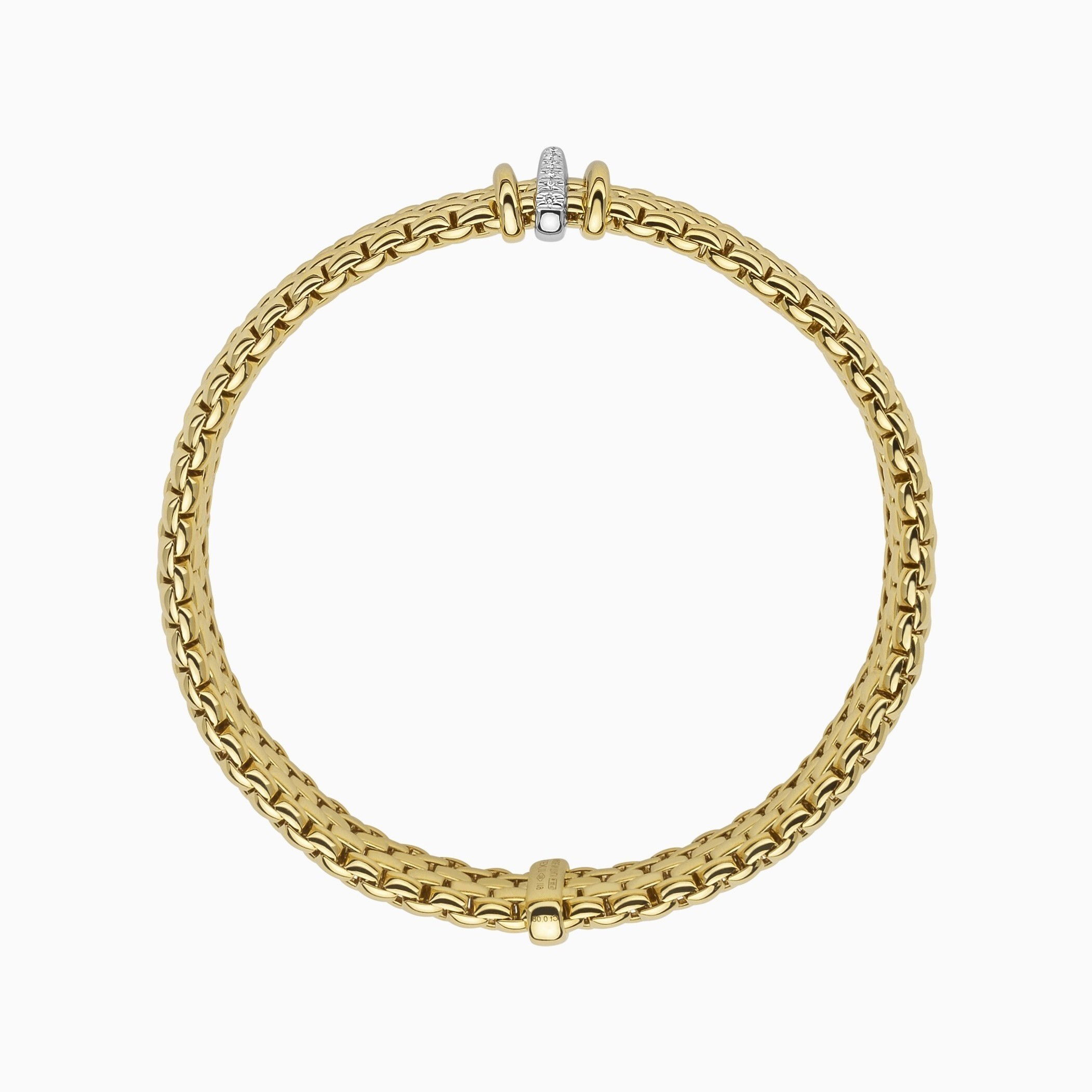 Panorama Flex'It Bracelet in 18kt Yellow Gold with two plain yellow gold and one White Gold and White Pave Diamond Elements at 0.08ctw - The bracelet measures 9mm wide by 3.5mm deep and is a size small, 16cm or 6.29 inches internal circumference. Panorama Bracelet in 18kt Yellow Gold with 2 Yellow Gold and 1 White Gold Pave White Diamond Elements - 9mm - Size S