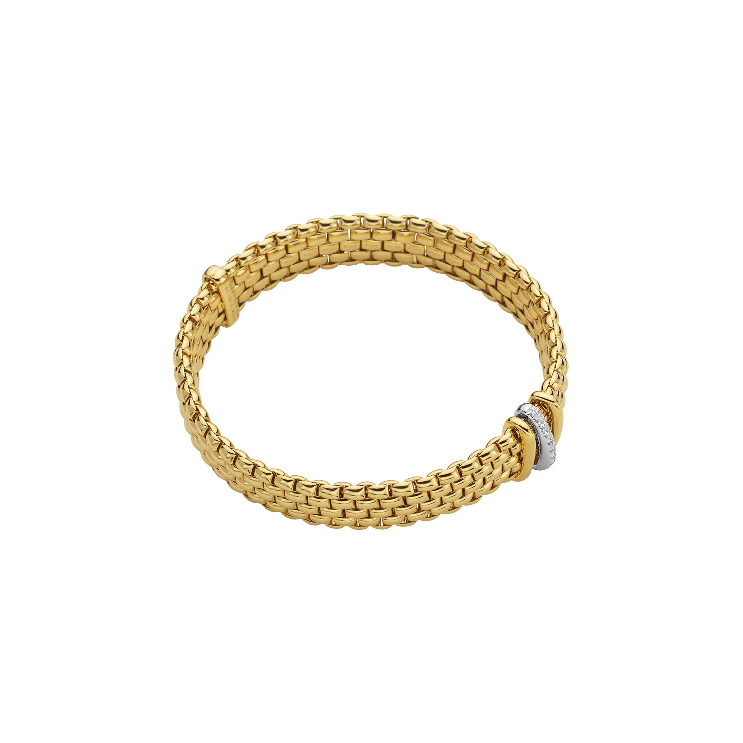Panorama Flex'It Bracelet in 18kt Yellow Gold with two plain yellow gold and one White Gold and White Pave Diamond Elements at 0.08ctw - The bracelet measures 9mm wide by 3.5mm deep and is a size extra small, 15cm or 5.90 inches internal circumference. Panorama Bracelet in 18kt Yellow Gold with 2 Yellow Gold and 1 White Gold Pave White Diamond Elements - 9mm - Size XS
