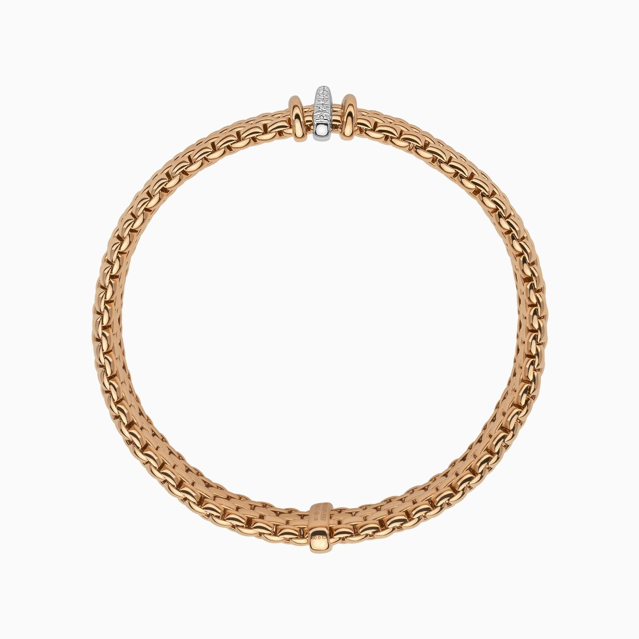 Panorama Flex'It Bracelet in 18kt Rose Gold with two plain rose gold and one White Gold and White Pave Diamond Elements at 0.08ctw - The bracelet measures 9mm wide by 3.5mm deep and is a size medium, 17cm or 6.69 inches internal circumference. Panorama Bracelet in 18kt Rose Gold with 2 Rose Gold and 1 White Gold Pave White Diamond Elements - 9mm - Size M