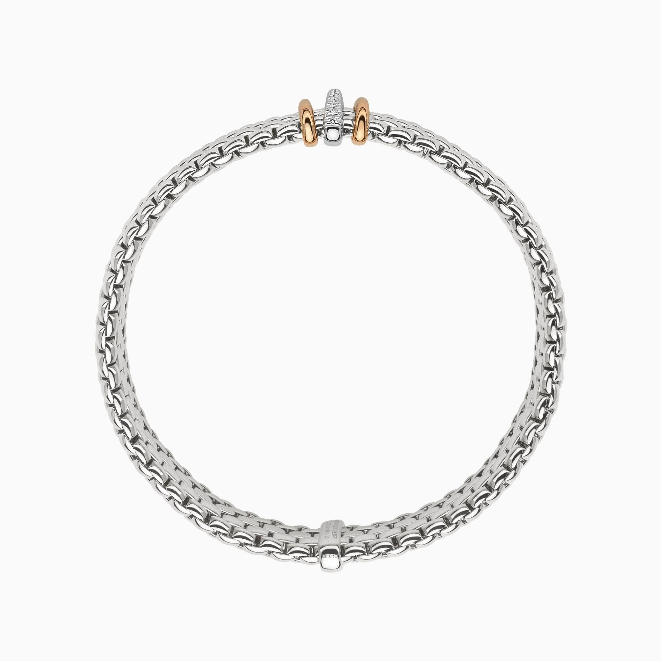 Panorama Flex'It Bracelet in 18kt White Gold with two plain rose gold and one White Gold and White Pave Diamond Elements at 0.08ctw - The bracelet measures 9mm wide by 3.5mm deep and is a size medium, 17cm or 6.69 inches internal circumference. Panorama Bracelet in 18kt White Gold with 2 Rose Gold and 1 White Gold Pave White Diamond Elements - 9mm - Size M
