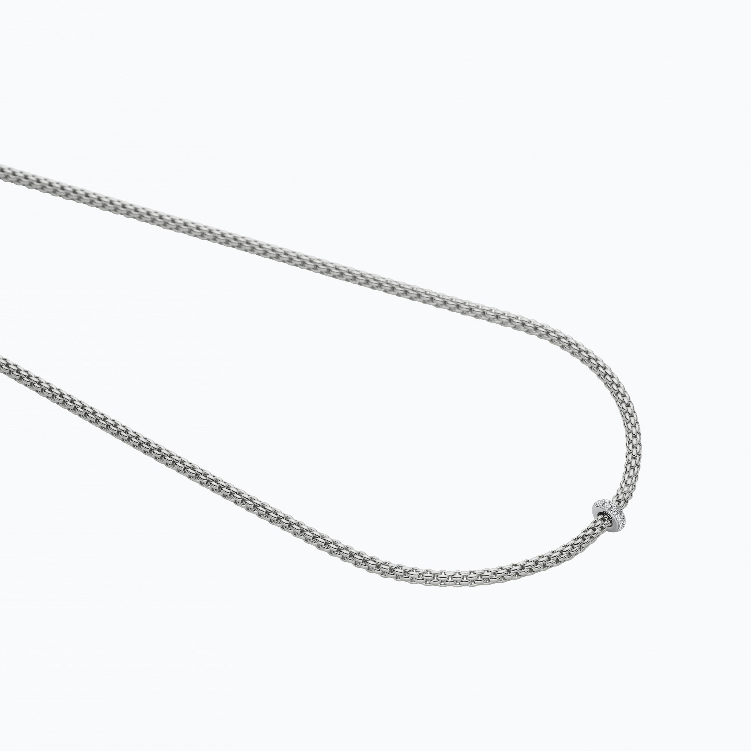 Prima Necklace in 18kt White Gold with White Gold element covered in 0.18ctw white diamond pave - The necklace measures 3mm in diameter and 45cm (17.7 inches) long. 745C BBR-W-45CM Prima Necklace in 18kt White Gold with White Gold and White Diamond Element - 3mm - 45cm