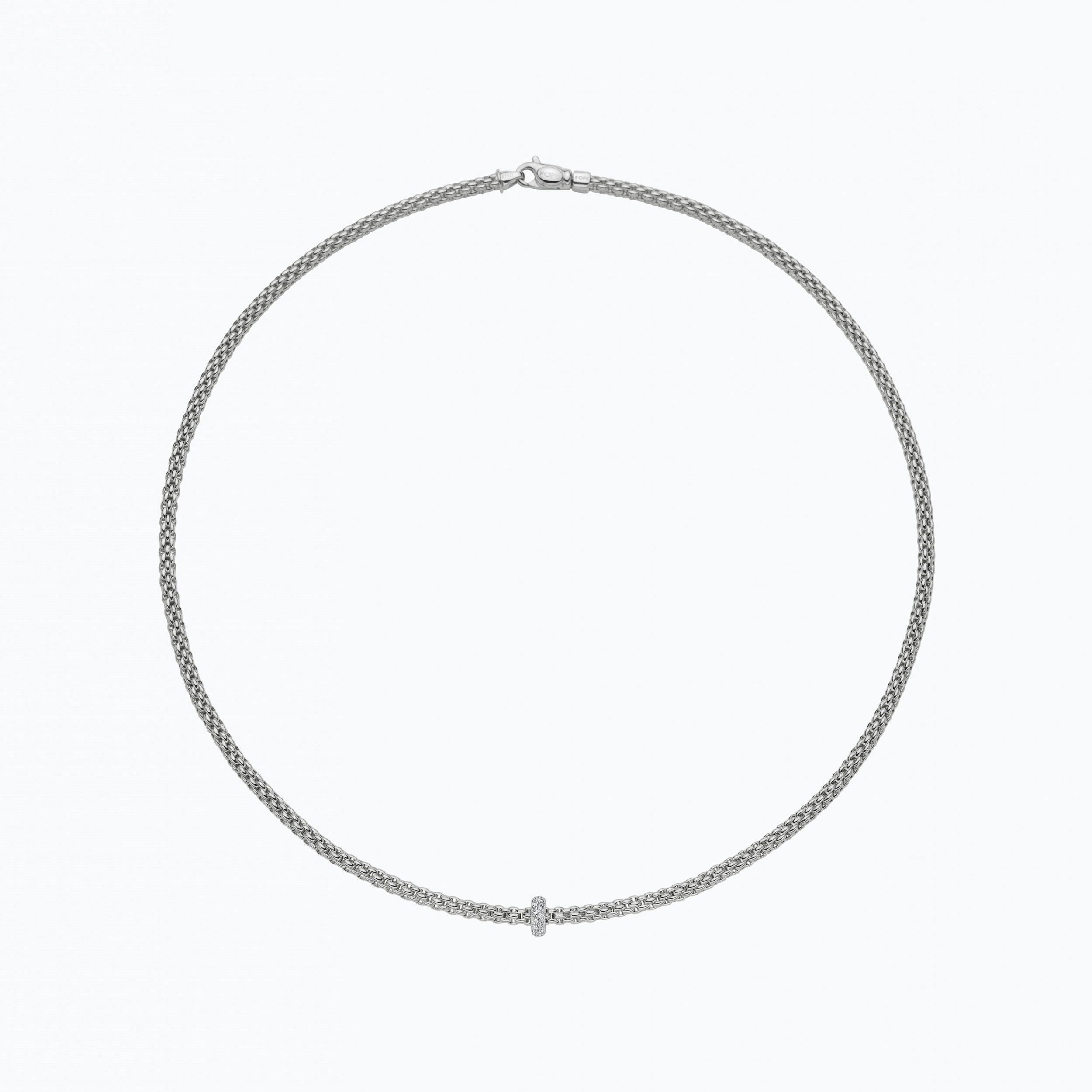 Prima Necklace in 18kt White Gold with White Gold element covered in 0.18ctw white diamond pave - The necklace measures 3mm in diameter and 43cm (17 inches) long. 745C BBR-W-43CM Prima Necklace in 18kt White Gold with White Gold and White Diamond Element - 3mm - 43cm
