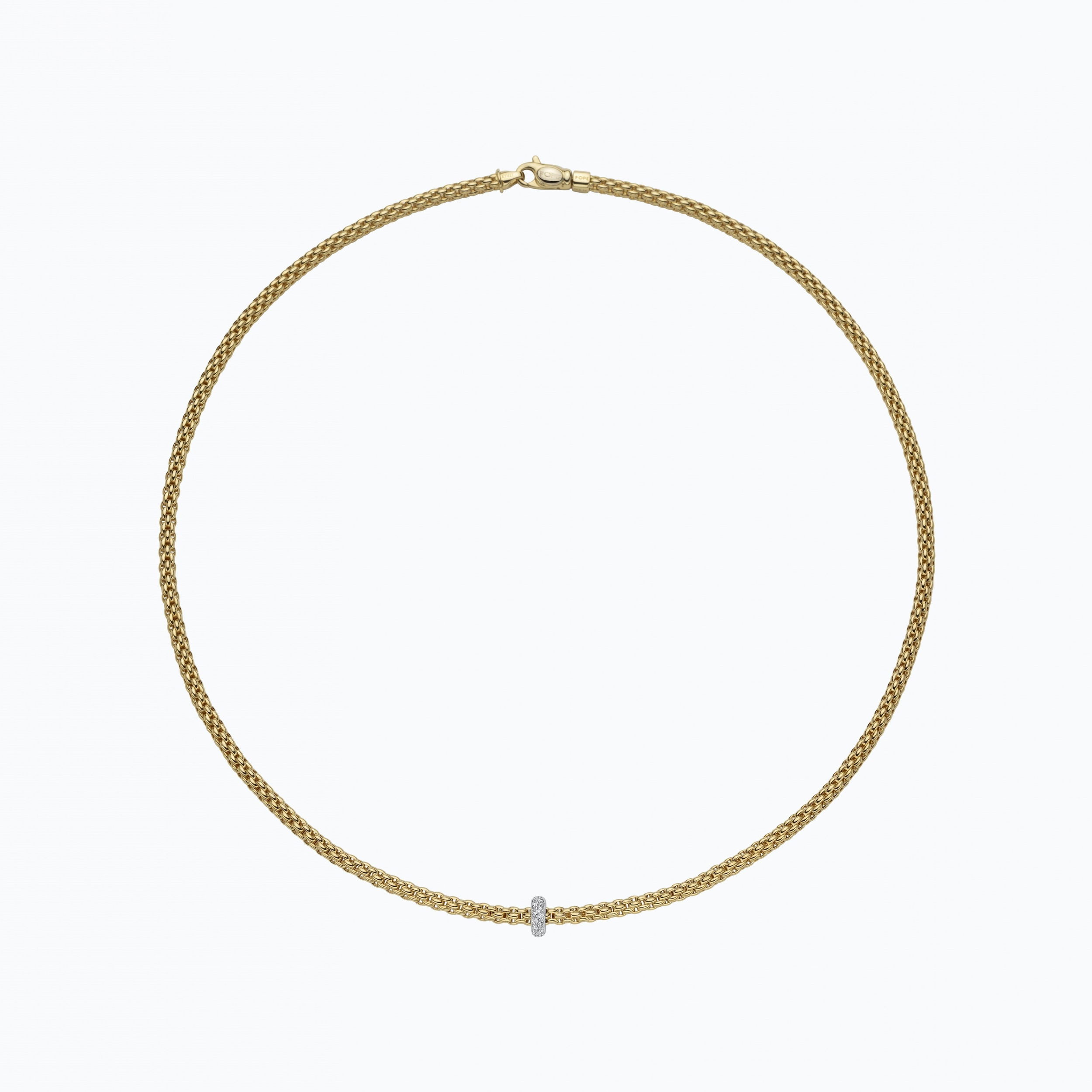Prima Necklace in 18kt Yellow Gold with White Gold element covered in 0.18ctw white diamond pave - The necklace measures 3mm in diameter and 50cm (19.6 inches) long. 745C BBR-YW-50CM Prima Necklace in 18kt Yellow Gold with White Gold and White Diamond Element - 3mm - 50cm