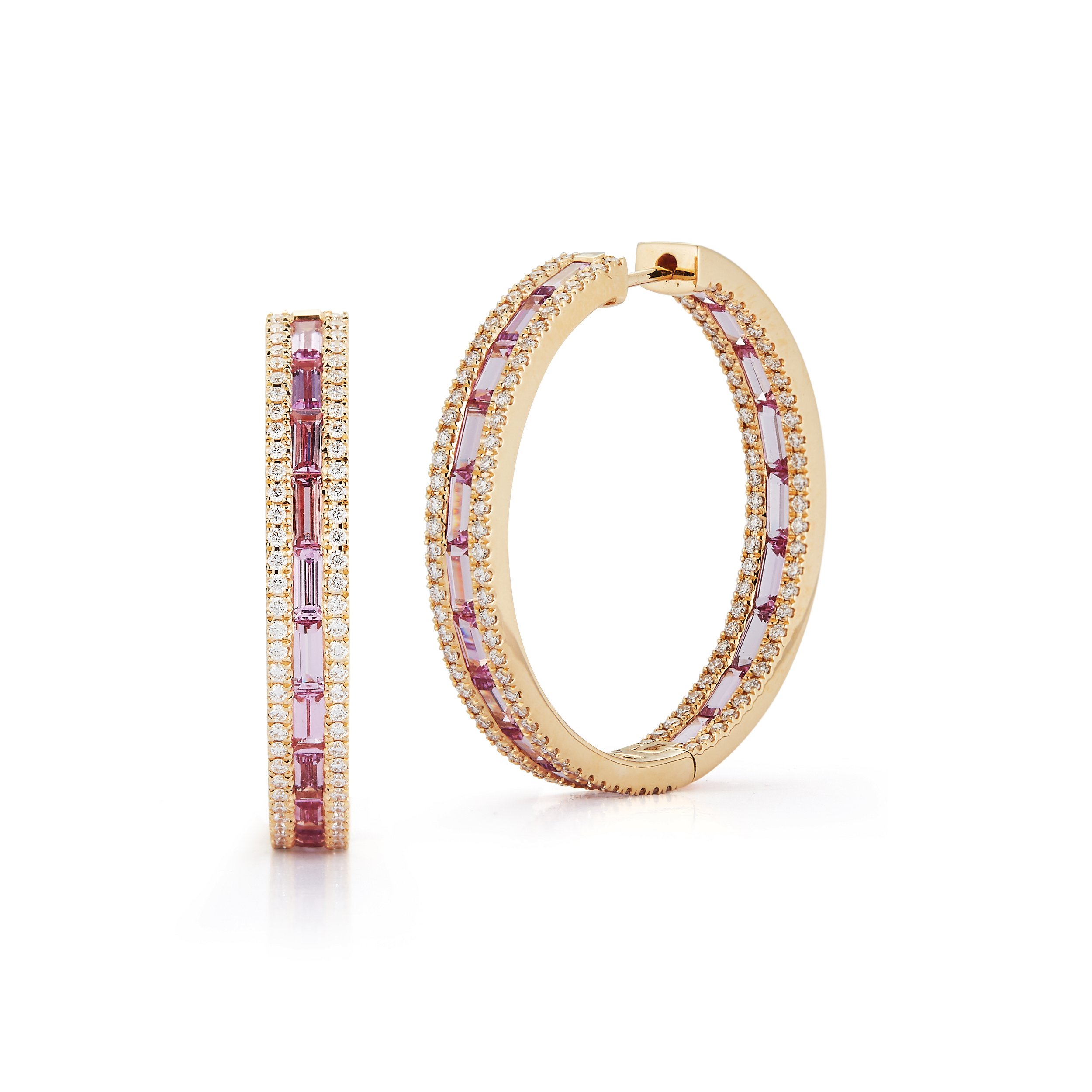Origami Hoop Earrings with Light Pink Sapphire and White Diamonds in 18kt Yellow Gold