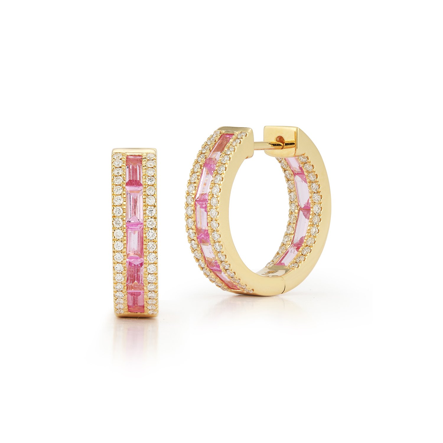 Origami Mini Huggie Hoop Earrings with Light Pink Sapphires and White Diamonds in 18kt Yellow Gold