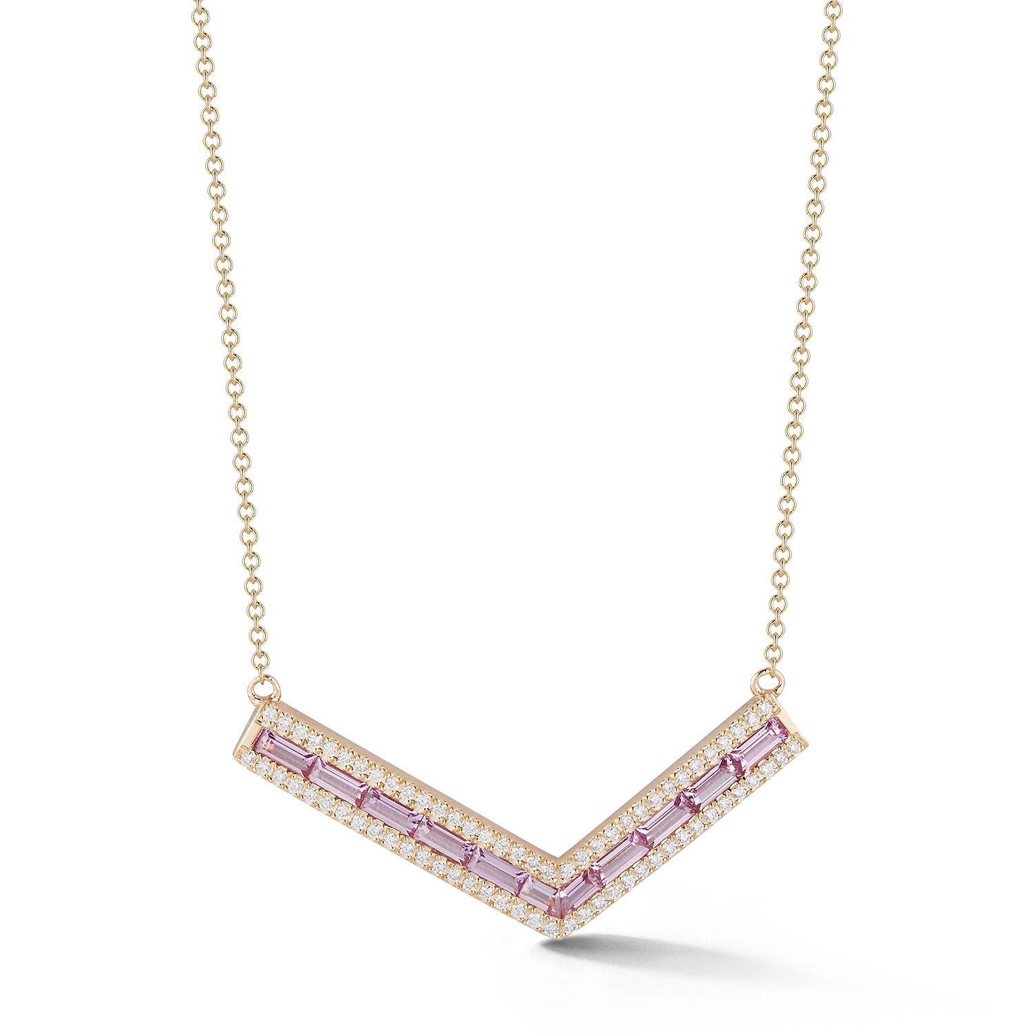 Valley Origami Necklace with Light Pink Sapphire and White Diamonds in 18kt Yellow Gold by Katherine Jetter. Light pink sapphire baguettes at 1.28ctw and white diamonds at 0.71ctw are set into 18kt yellow gold. Valley Origami Necklace with Light Pink Sapphire and White Diamonds in 18kt Yellow Gold