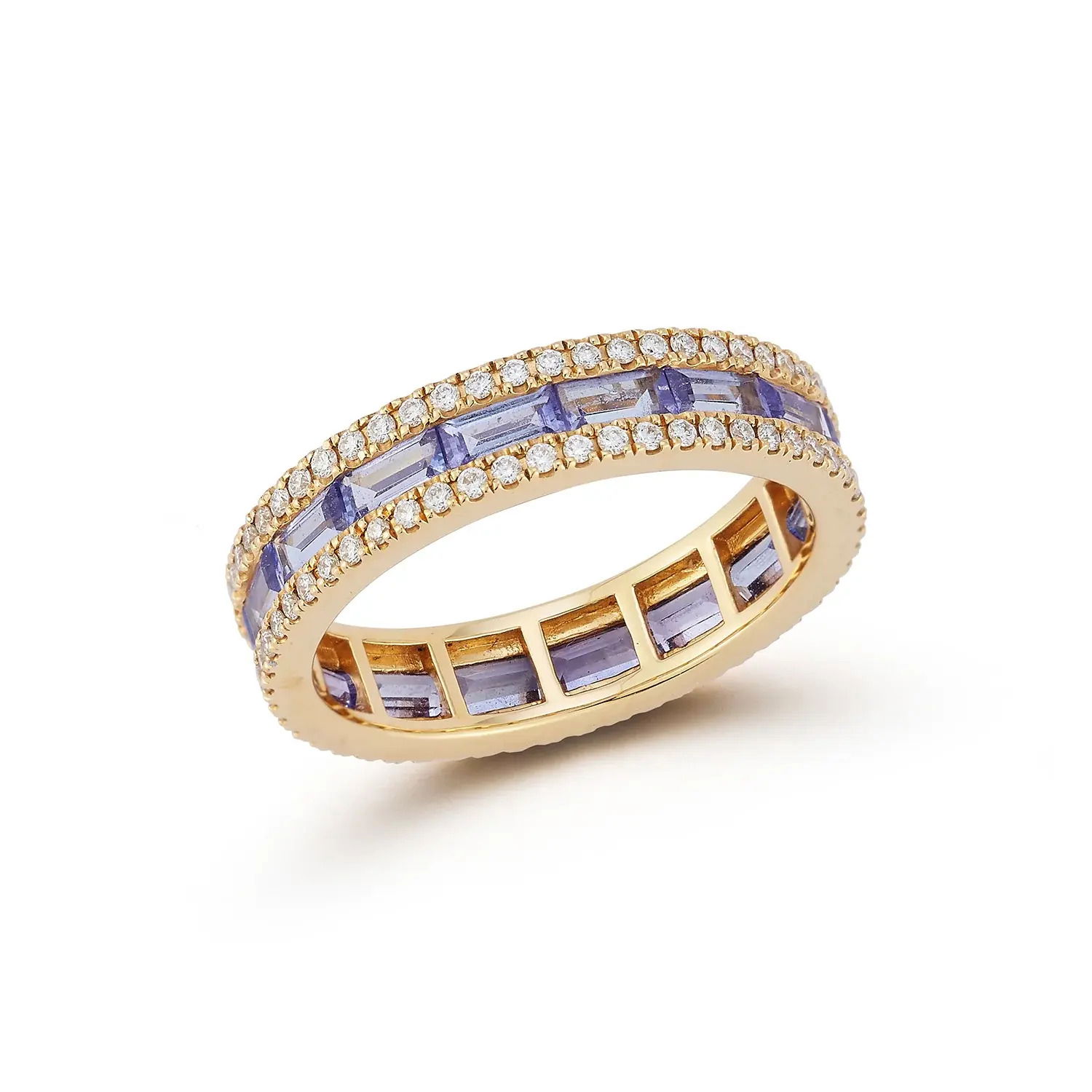 Origami Band Ring with Tanzanite and White Diamonds in 18kt Yellow Gold - Size 7.5 by Katherine Jetter. Baguette cut tanzanites are accented with approximately 0.53ctw of white diamonds and set in18kt yellow gold. This ring is a size 7.5. Origami Band Ring with Tanzanite and White Diamonds in 18kt Yellow Gold - Size 7.5