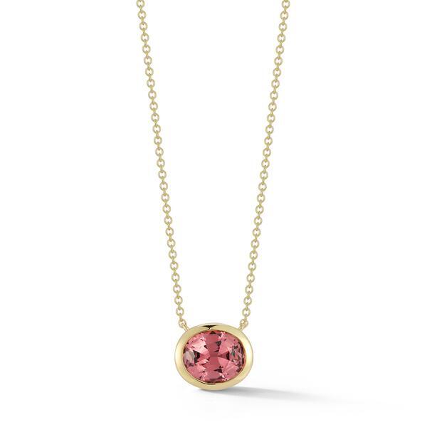 Layering Pendant Necklace with Oval Malaya Garnet in 18kt Yellow Gold by Katherine Jetter. One oval Malaya garnet at 1.74ct is set in an 18kt yellow gold pendant on an adjustable 18 inch chain. Layering Pendant Necklace with Oval Malaya Garnet in 18kt Yellow Gold