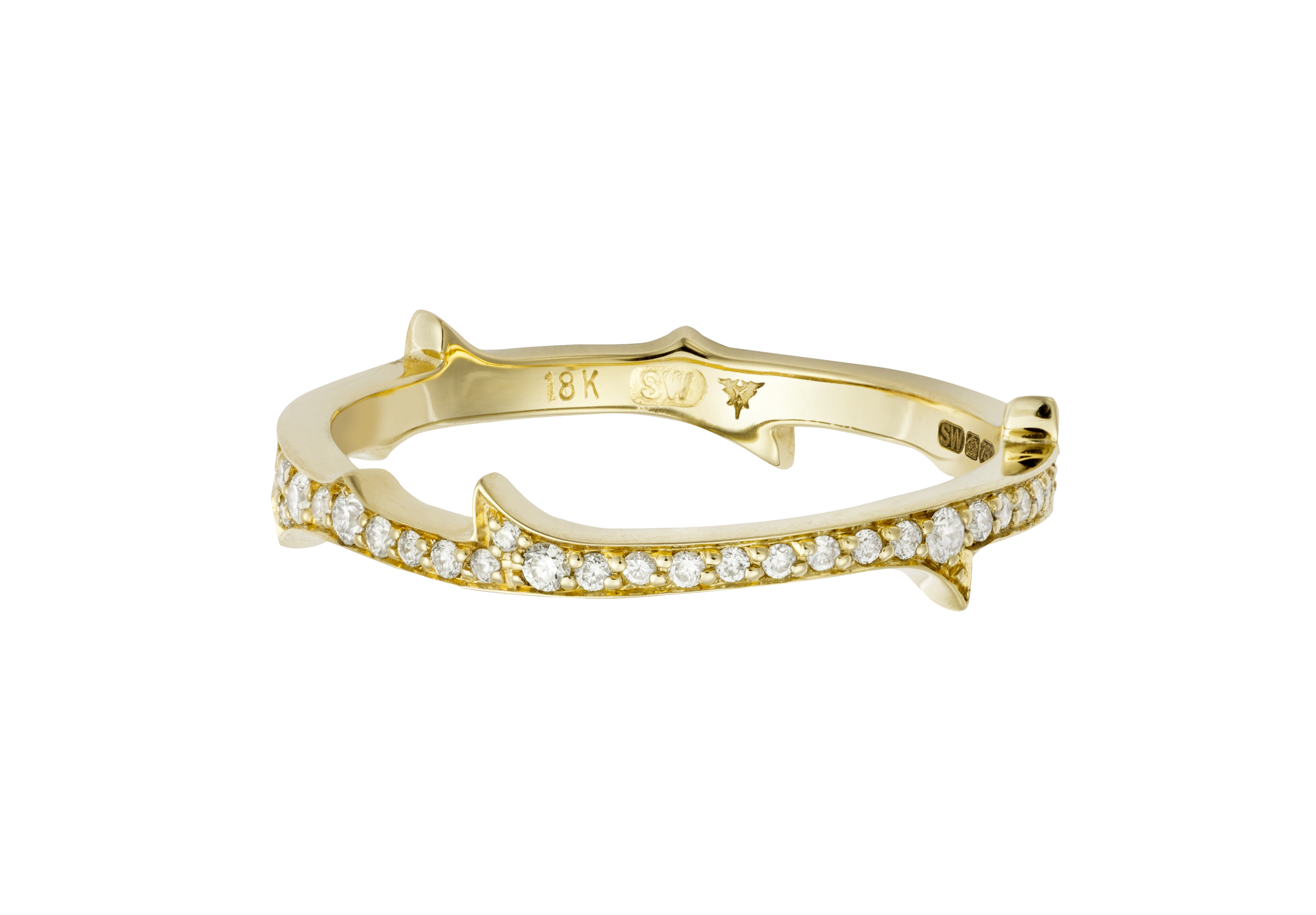 Thorn Stem Slim Band Ring with White Diamonds in 18kt Yellow Gold - Size 7