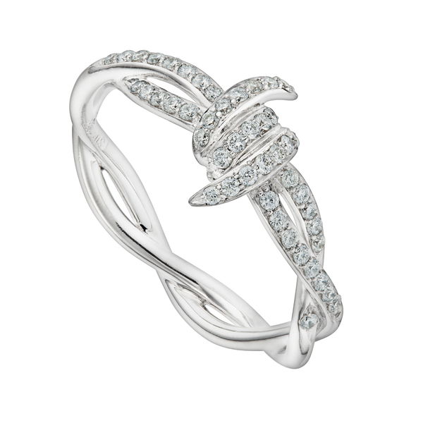 Closeup photo of Thorn Forget Me Knot Stack Ring with White Diamonds in 18kt White Gold - Size 7