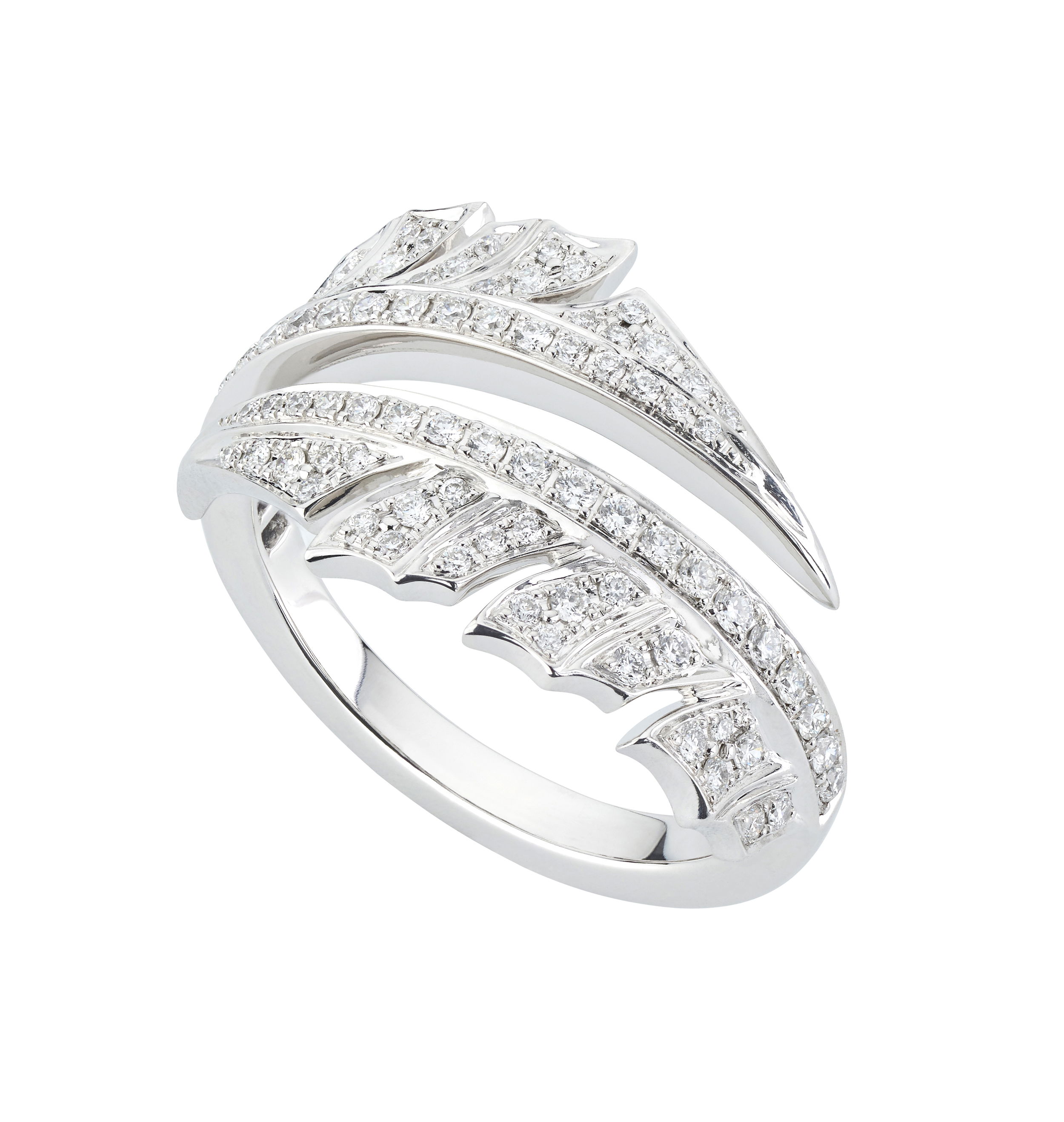 Magnipheasant Plume Split Ring with White Diamonds in 18kt White Gold - Size 7 by Stephen Webster. Bypass feather ring in 18kt white gold with white diamond pave at 0.47ctw. Magnipheasant Plume Split Ring with White Diamonds in 18kt White Gold - Size 7