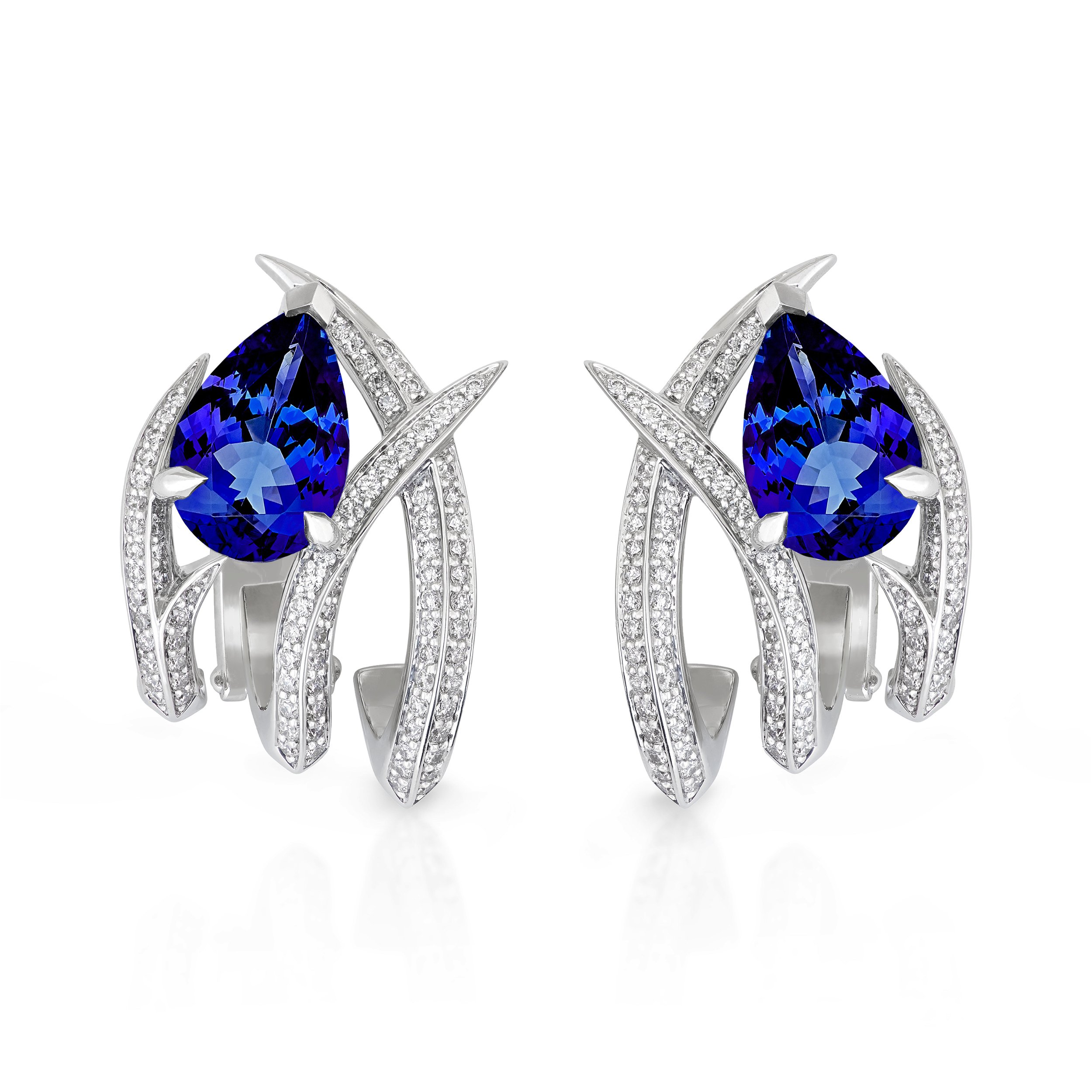 Thorn Embrace Caged Earrings with Tanzanite and White Diamonds in 18kt White Gold