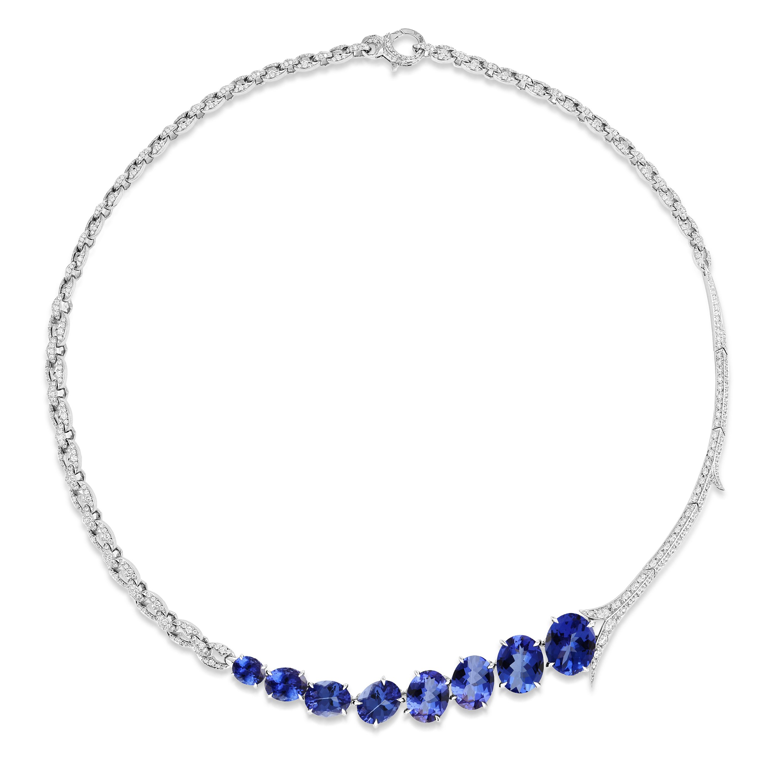 Thorn Embrace Forbidden Fruit Collar Necklace with Tanzanite and White Diamonds in 18kt White Gold