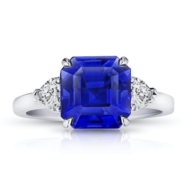 Closeup photo of 5.65 Carat Square Emerald Blue Sapphire Ring
