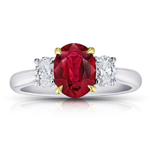 Closeup photo of 1.76 Carat Oval Red Ruby With Oval Diamonds Ring