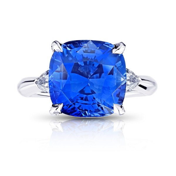 Closeup photo of 7.83 Carat Cushion Blue Sapphire With Diamonds Platinum Ring